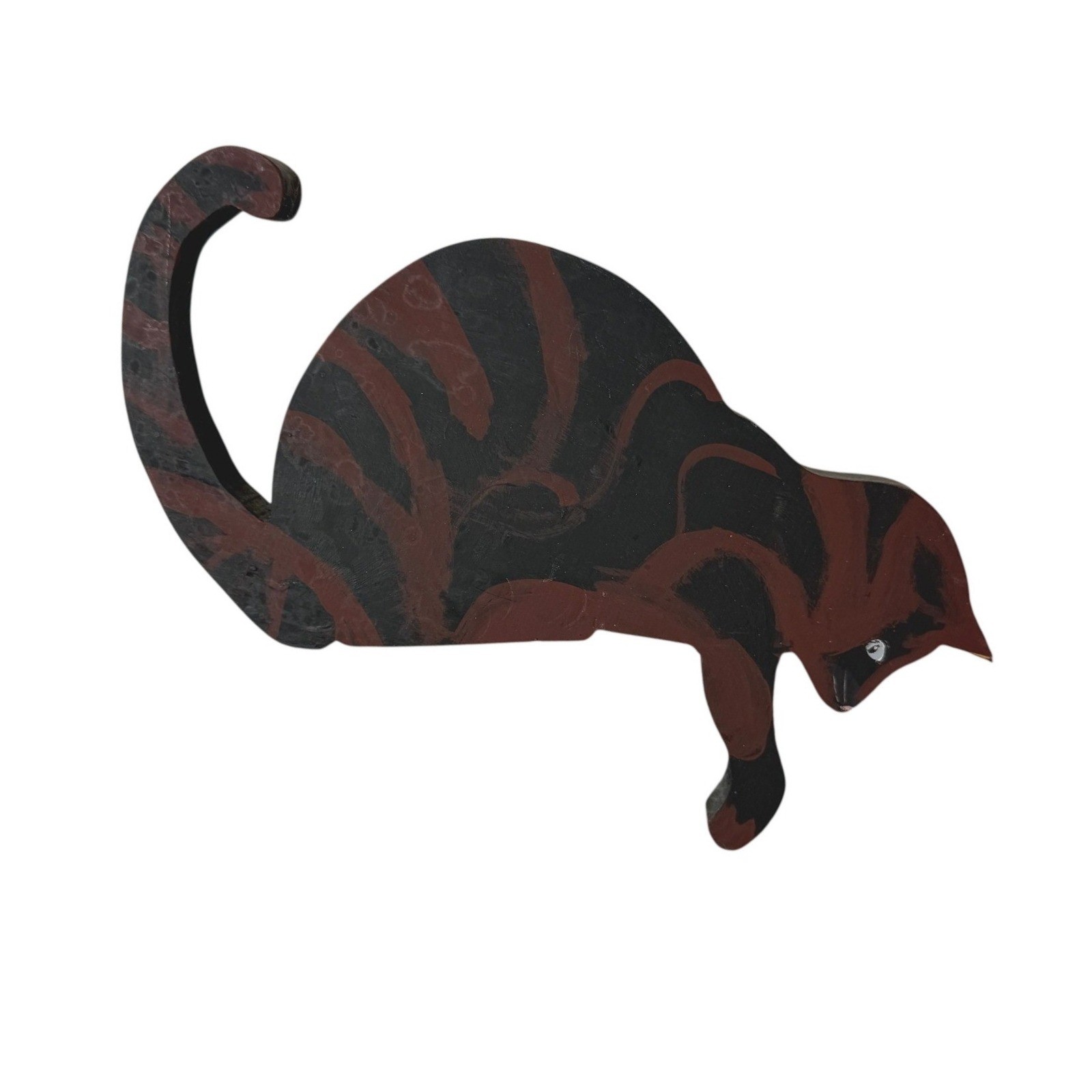 Vintage Hand Painted Wooden Cat Shelf Sitter Black Brown Striped 11 Inch