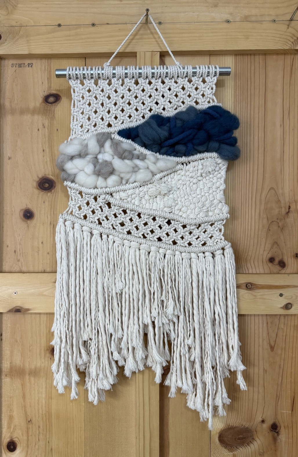 Handmade Bohemian 31” Beige Blue Macrame Tasseled Wall Hanging Woven Home Decor