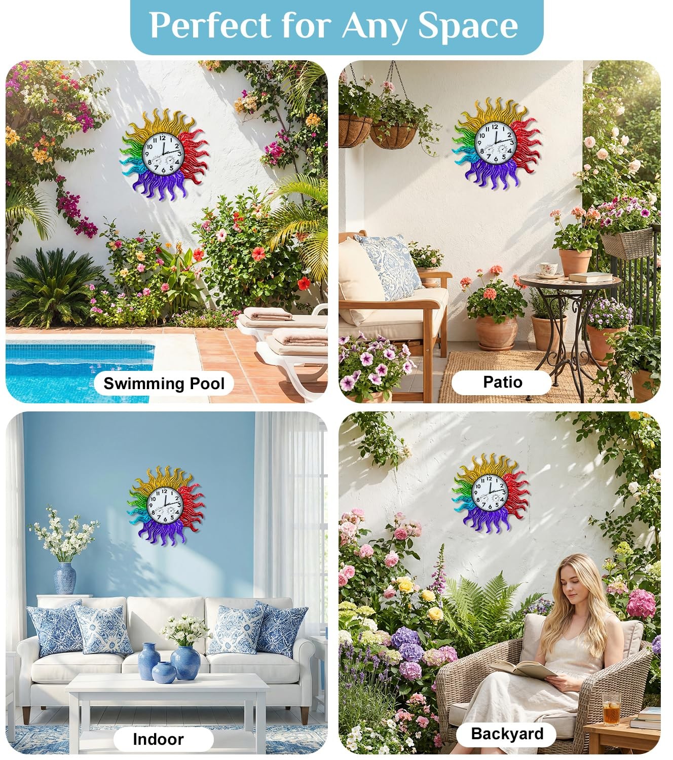 18.5”Sun Outdoor Clock with Thermometer and Hygrometer Combo, Silent Non-Tic…
