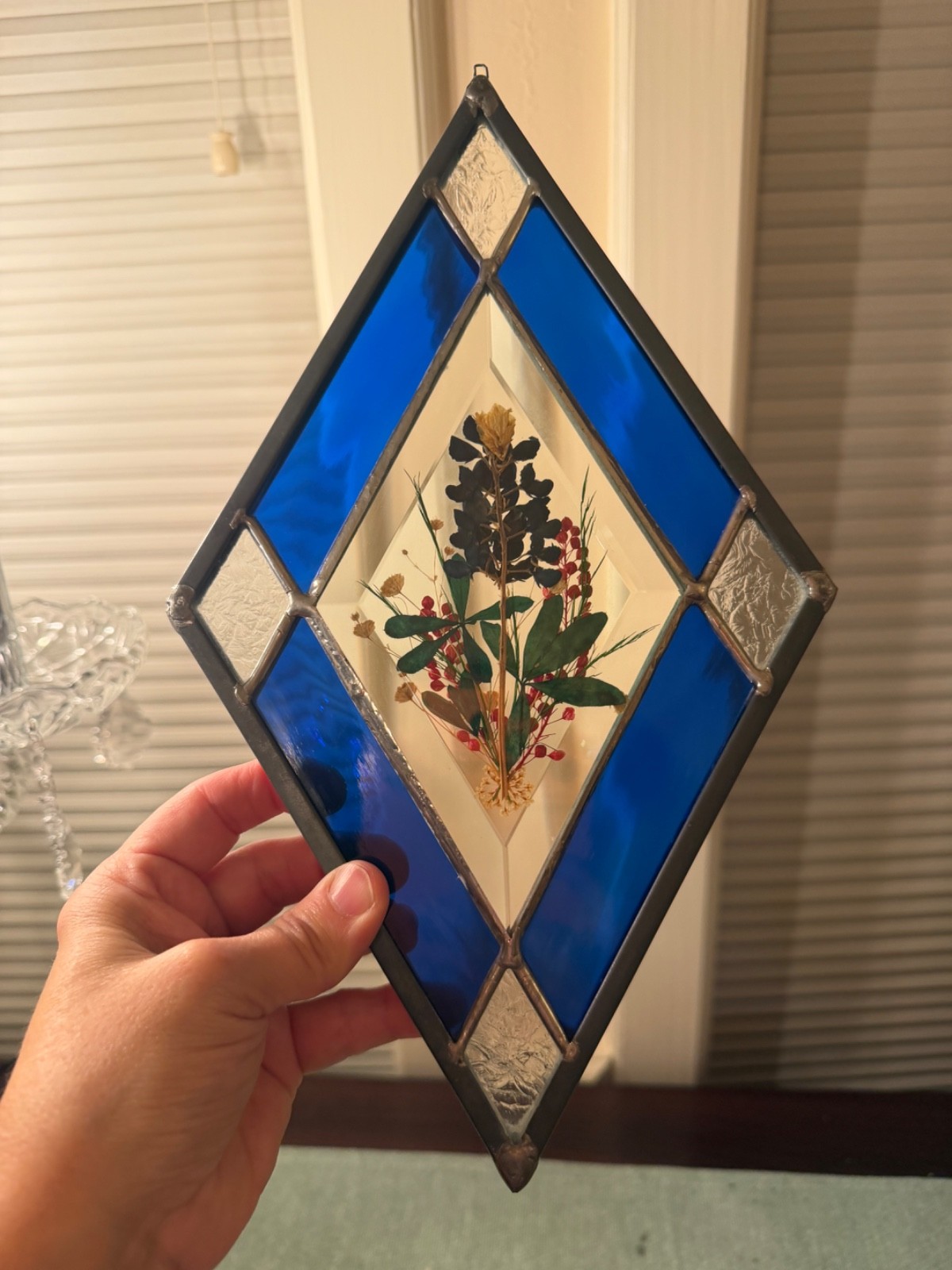 Vintage Diamond Shaped Suncatcher w/Pressed Flowers Colbalt Blue 12″x7″