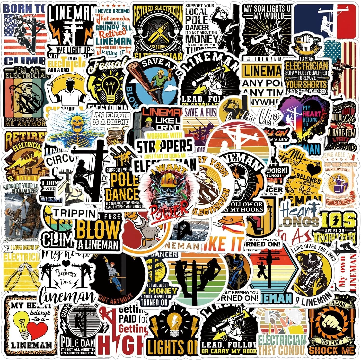 Lineman Stickers 62pcs Electrician Cool Decals Pack Aesthetic Waterproof Viny