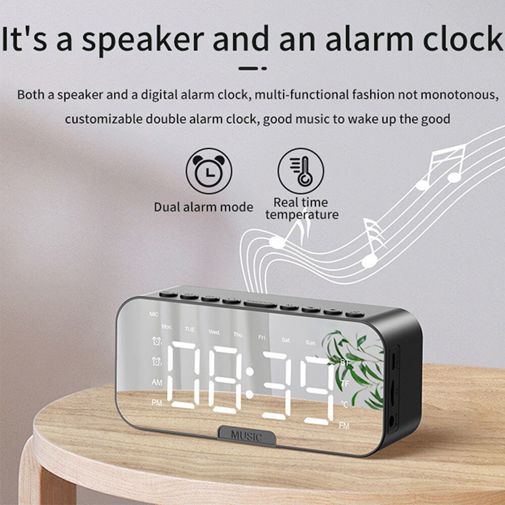 Portable Digital Alarm Clock FM Radio Wireless Bluetooth Mirror LED With Speaker