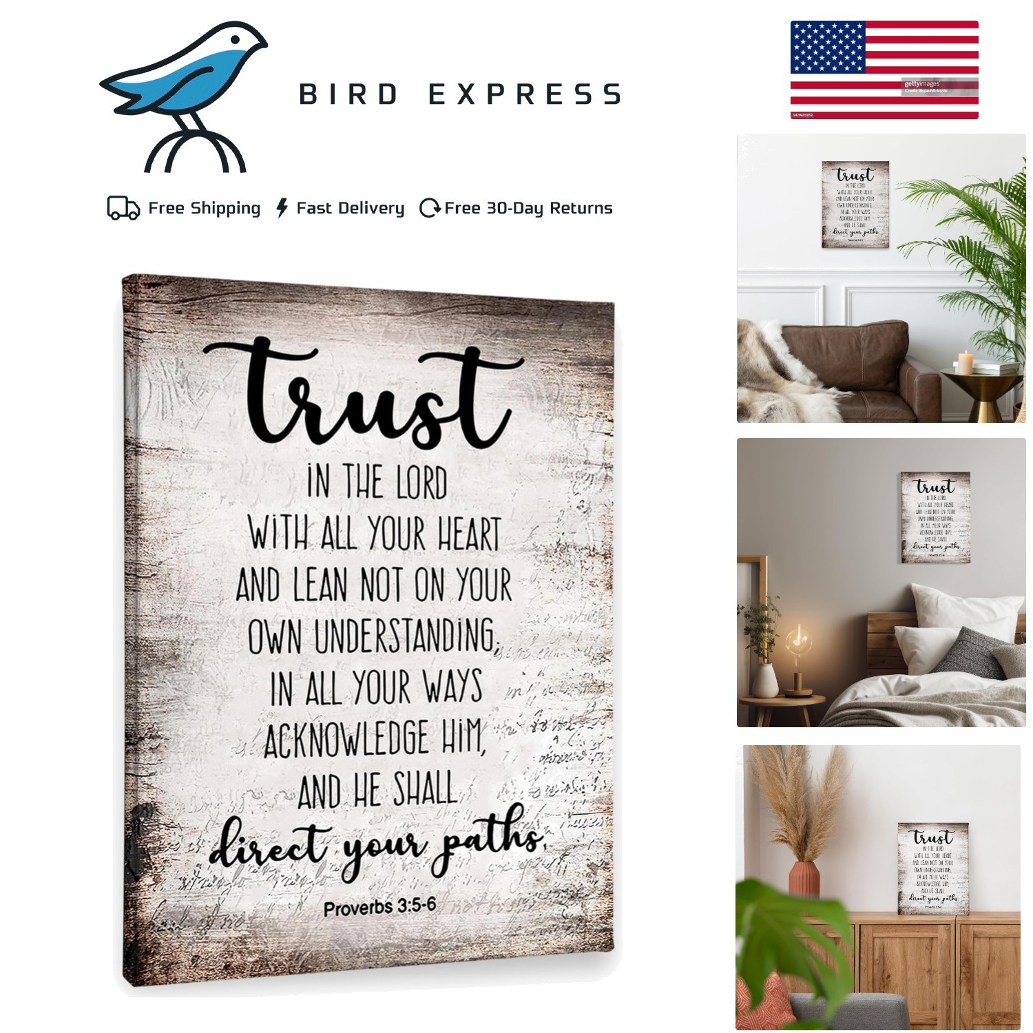 Proverbs 3:5-6 Christian Wall Art Bible Scripture Canvas Frame 11×14
