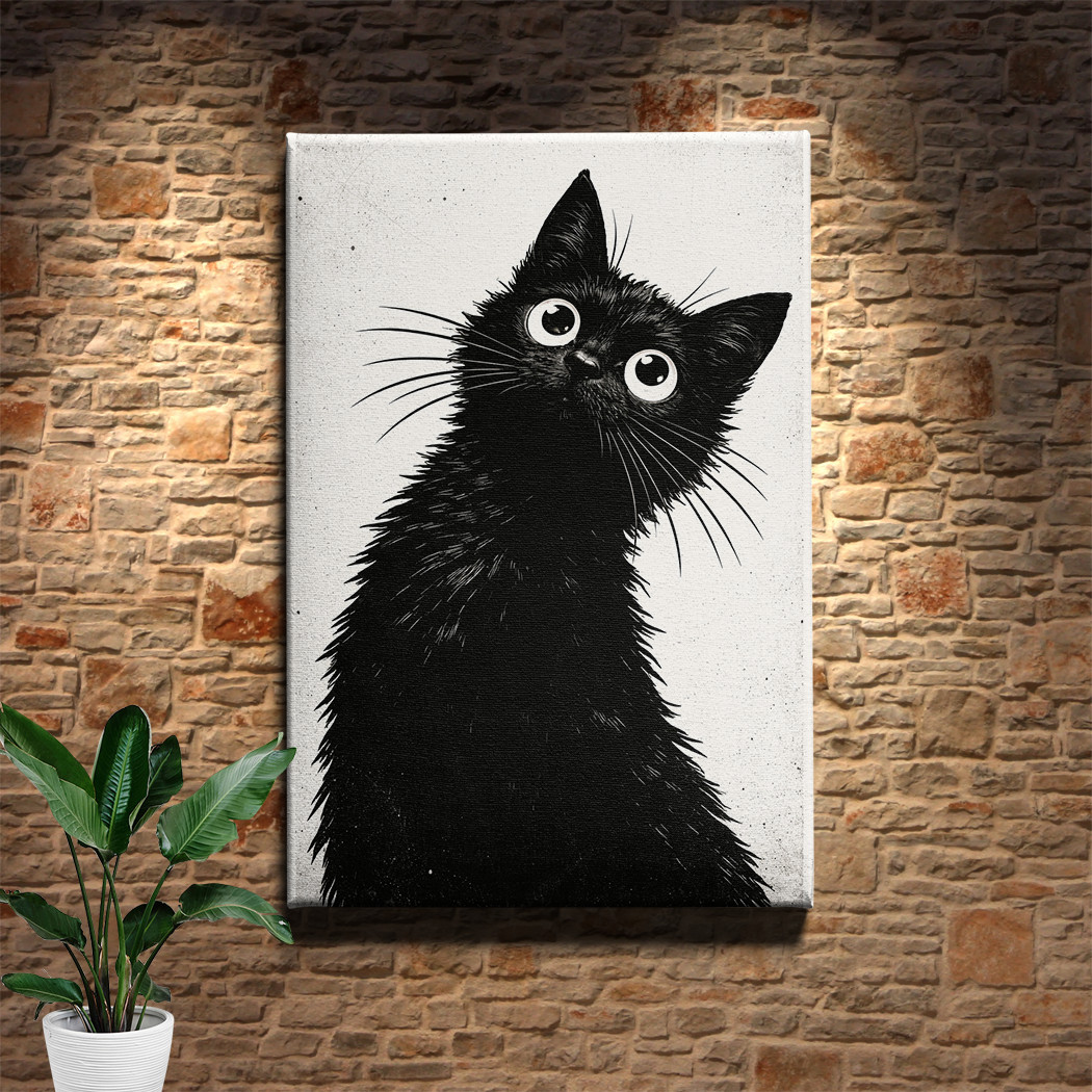 Minimalist Black White Monochrome Cat Painting Framed Canvas Wall Art