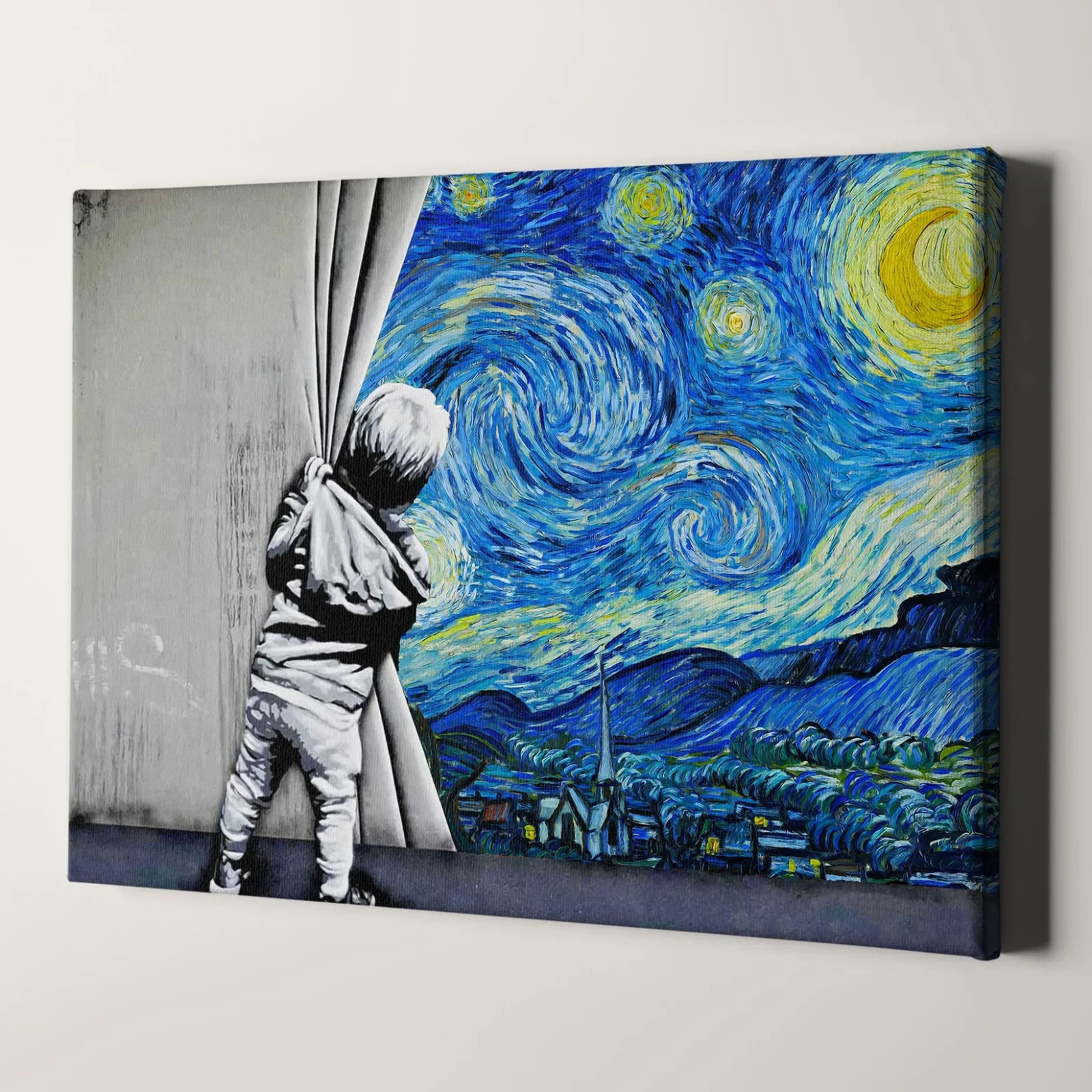 Van Gogh Starry Night Behind The Curtain Banksy Canvas Wall Art Print