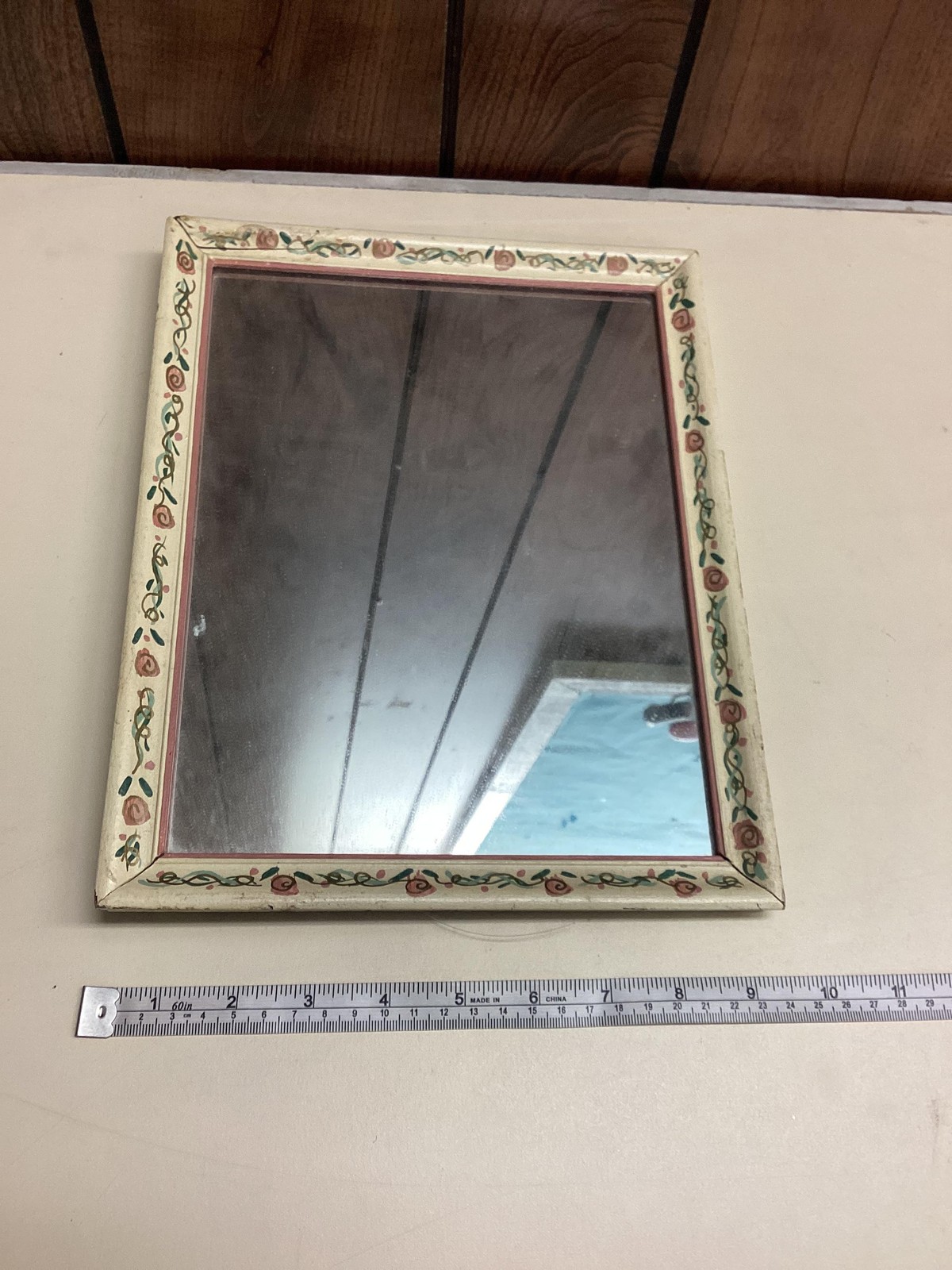 Hand Painted Rose Border Wood Wall Mirror Cottage Shabby Chic Rectangular Decor