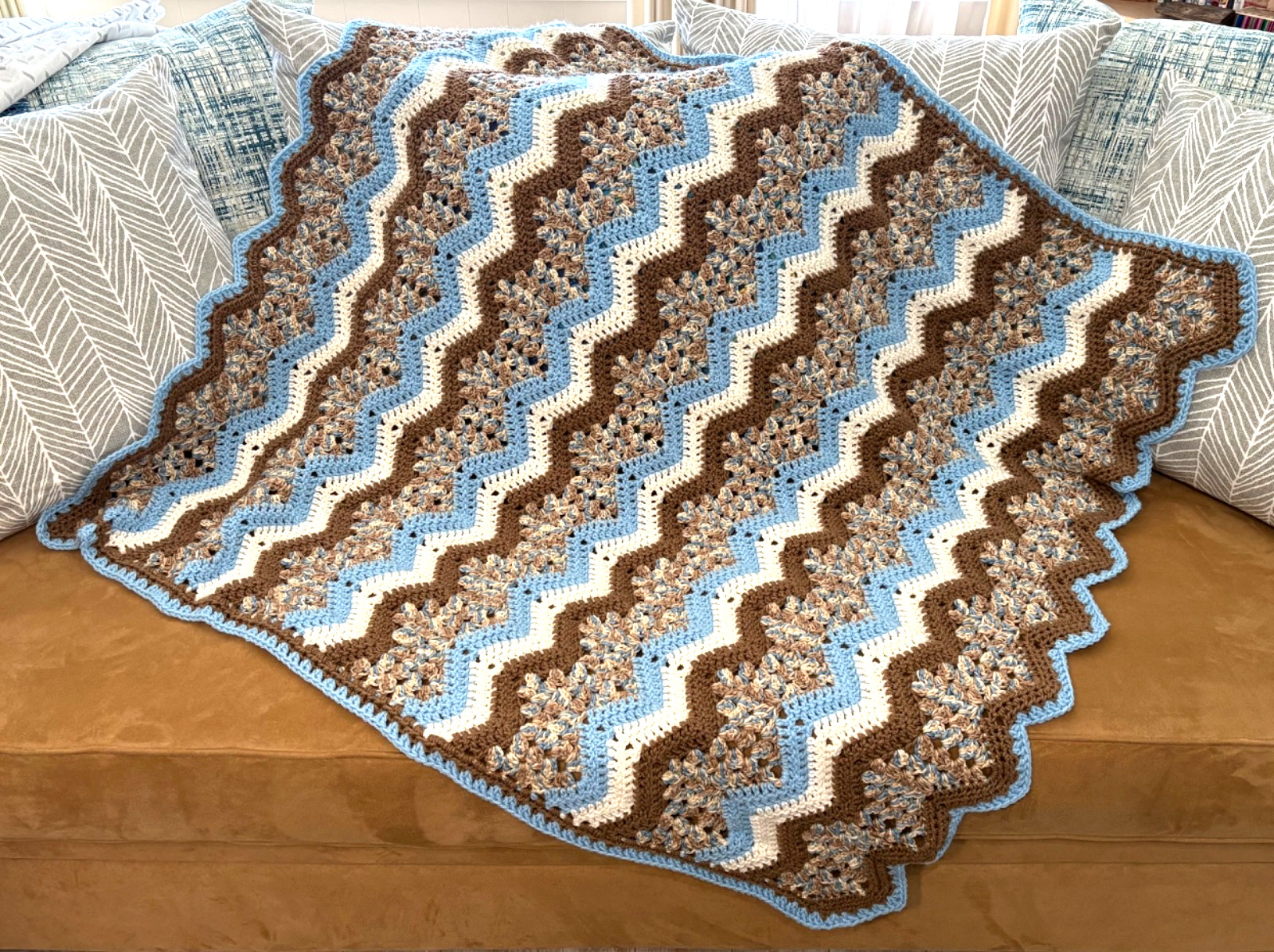 Afghan Sofa Throw 48″x 45″ Blues & Browns Crochet HANDMADE NEW & NEVER USED