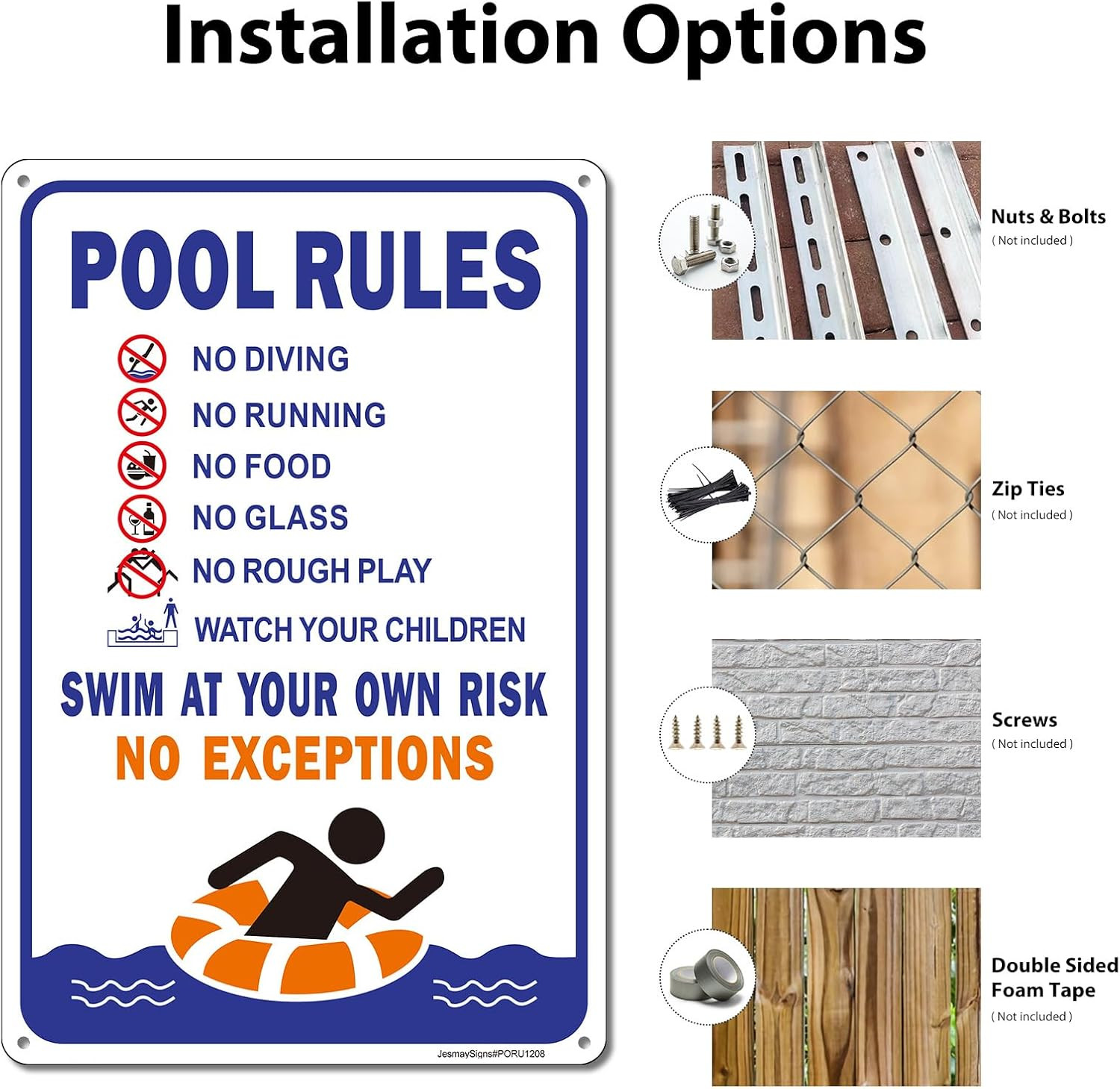 Pool Rules Sign, No Diving Sign,Swim 12x8Inches, Blue-2Pack-12"x8"