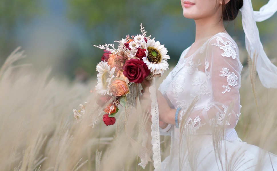 9.8 Inch Vintage Sunflower Wedding Bouquets for Bride, Artificial Burgundy