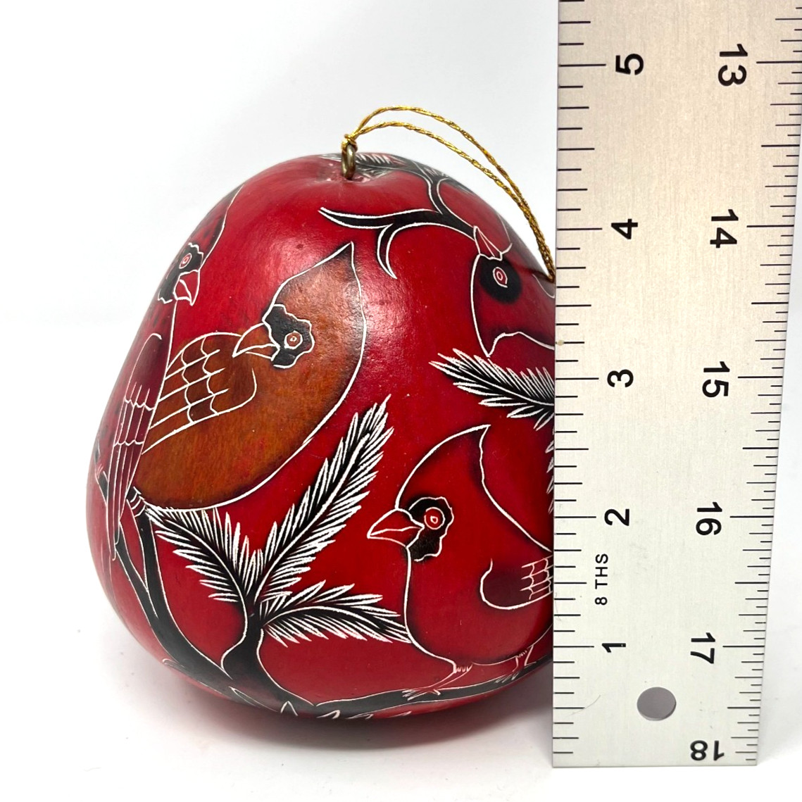 Carved & Etched Lucuma Hanging Gourd Cardinals Birds, Branches, Pinecones Peru