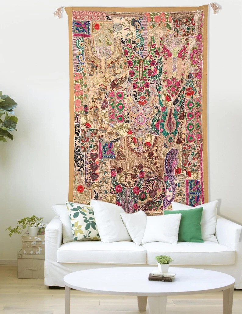 Vintage Wall Tapestry Cotton Hand Beads Embroidered Patchwork Ethnic Hanging 60″