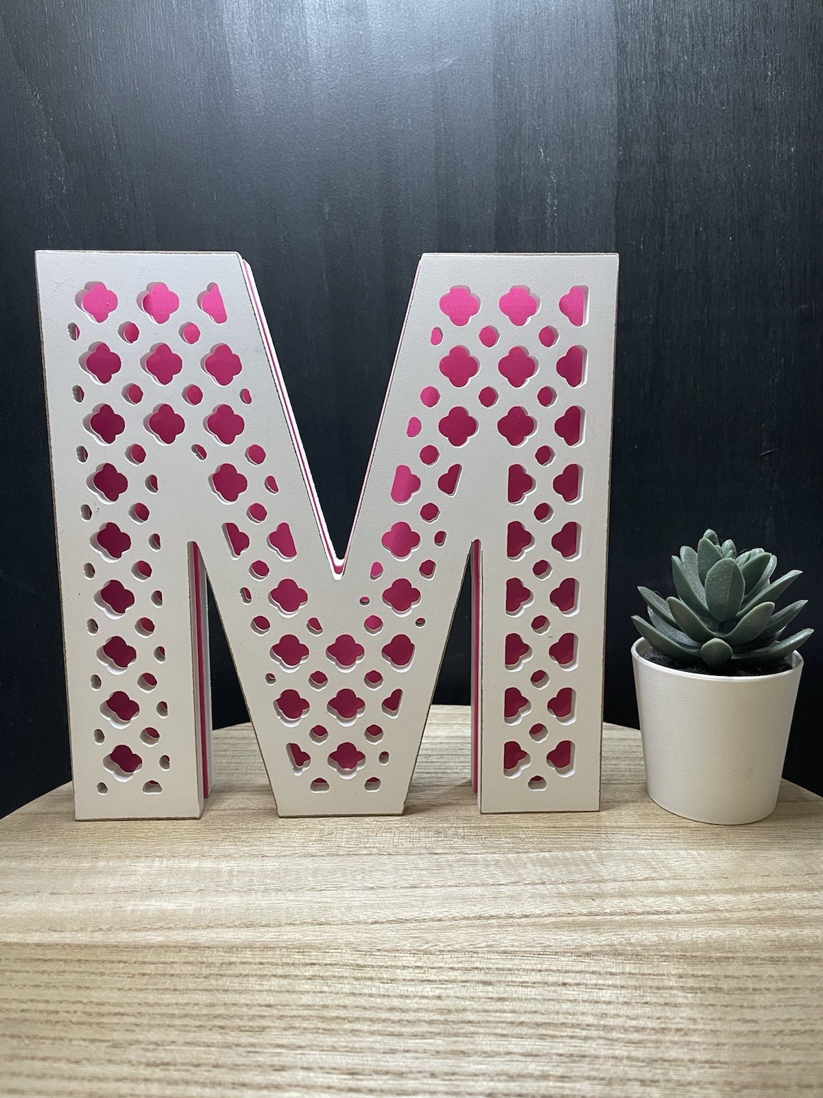 8″ Mongogram Letter “M” – Raised / Layered White & Pink Quatrefoil Cutout Design