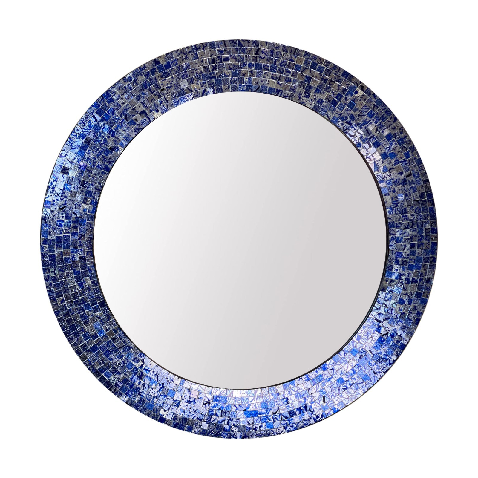 24″ Sapphire and Silver Round Decorative Mosaic Framed Wall Mirror | DecorShore