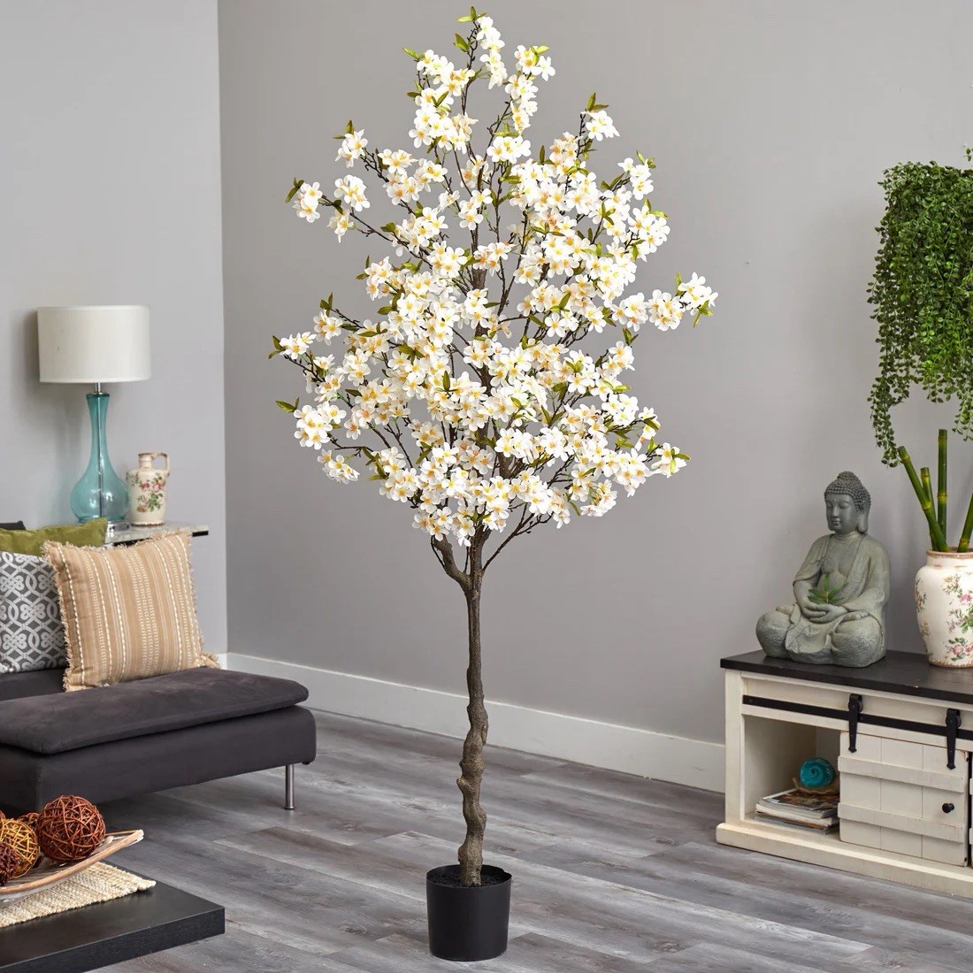 Artificial Cherry Blossom Tree in Black Pot Planter, White/Green 78″ Tall
