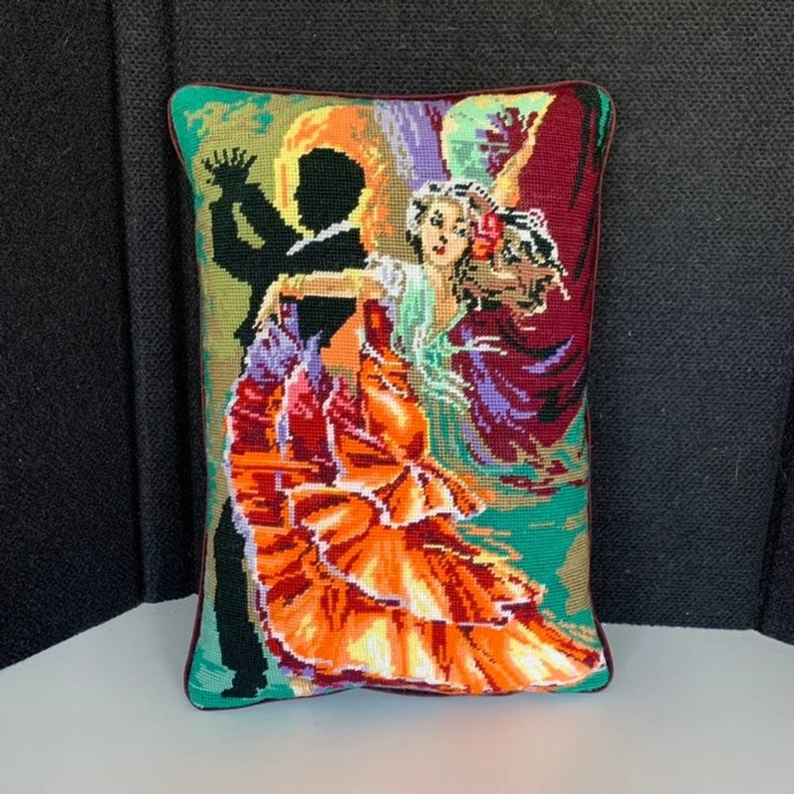 Vintage Needlepoint Flamenco Salsa Dancing Couple Dancer Latina 18×12 Pillow.