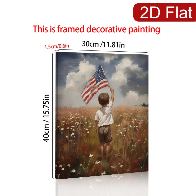 Boy Holding American Flag in Wildflower Field Canvas Wall Art, Patriotic Decor