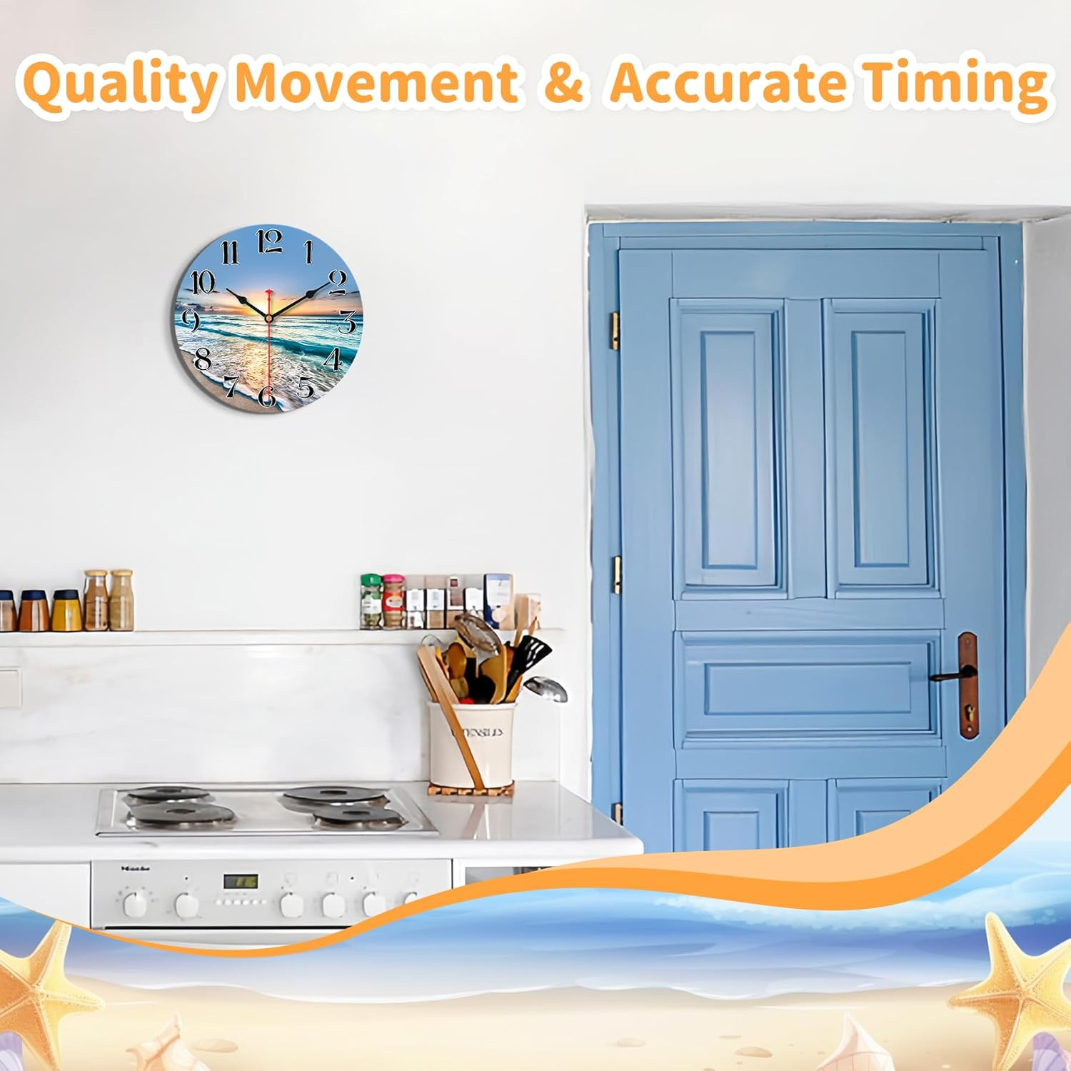 Beach Wall Clock Battery Operated 8 Inches Blue Ocean Coastal Home Decorative Be