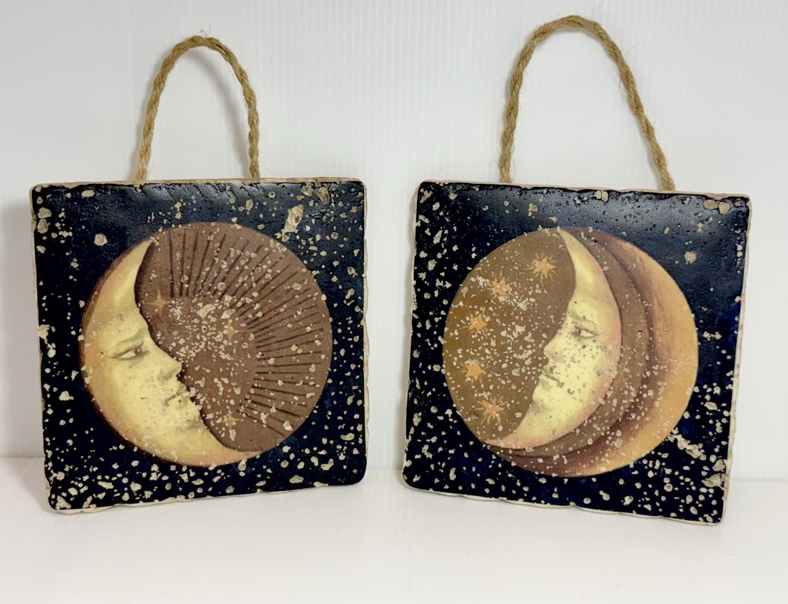 2 Vintage 1990’s Mary Beth Zeitz 6×6” Sun & Moon Celestial Wall Art Tiles RARE