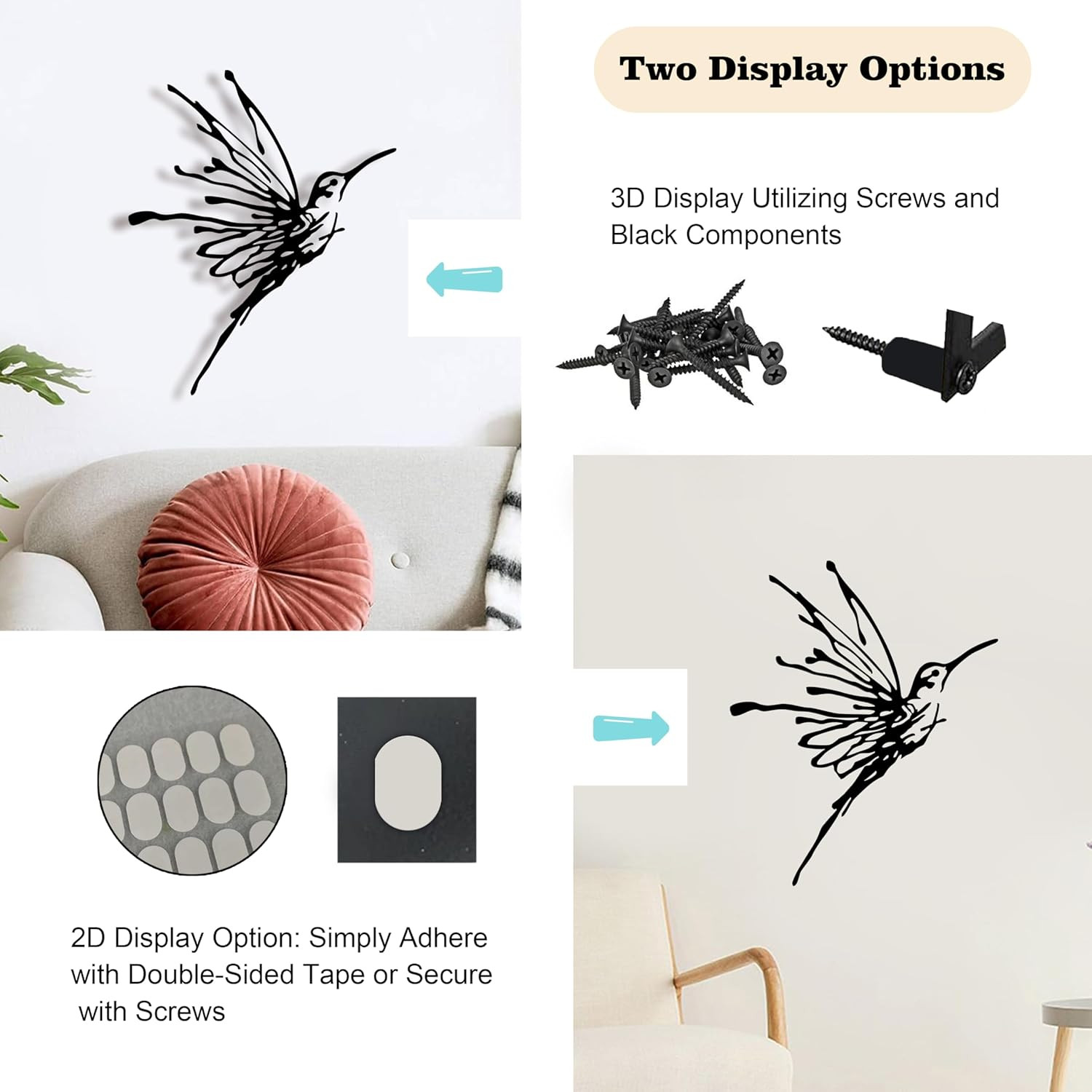 3D Metal Hummingbird Wall Art – Unique Black Outdoor Garden Decor, Waterproof Bi