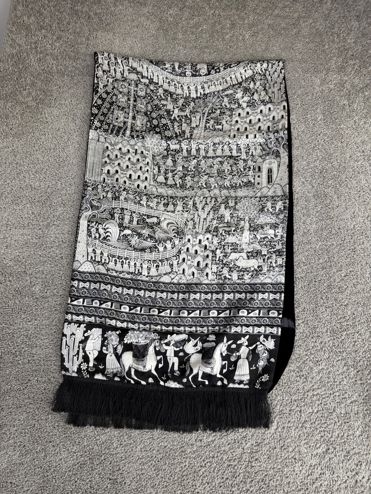 Black White Silk Wall Hanging Tapestry Ethnic Folk Art Village Scene Decor