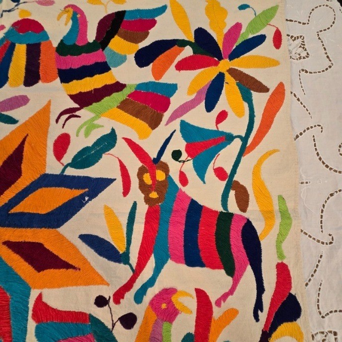 Vintage Otomi Tenango Embroidery Mexican Fold Art Textile Wall Hanging 34″x28″