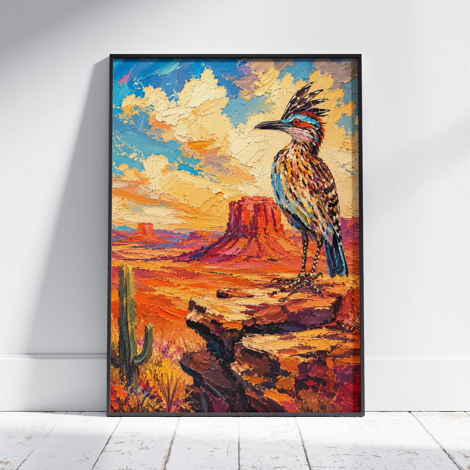 Southwest Roadrunner Poster – Pink Cactus Flower Oil Painting Wall Art Decor