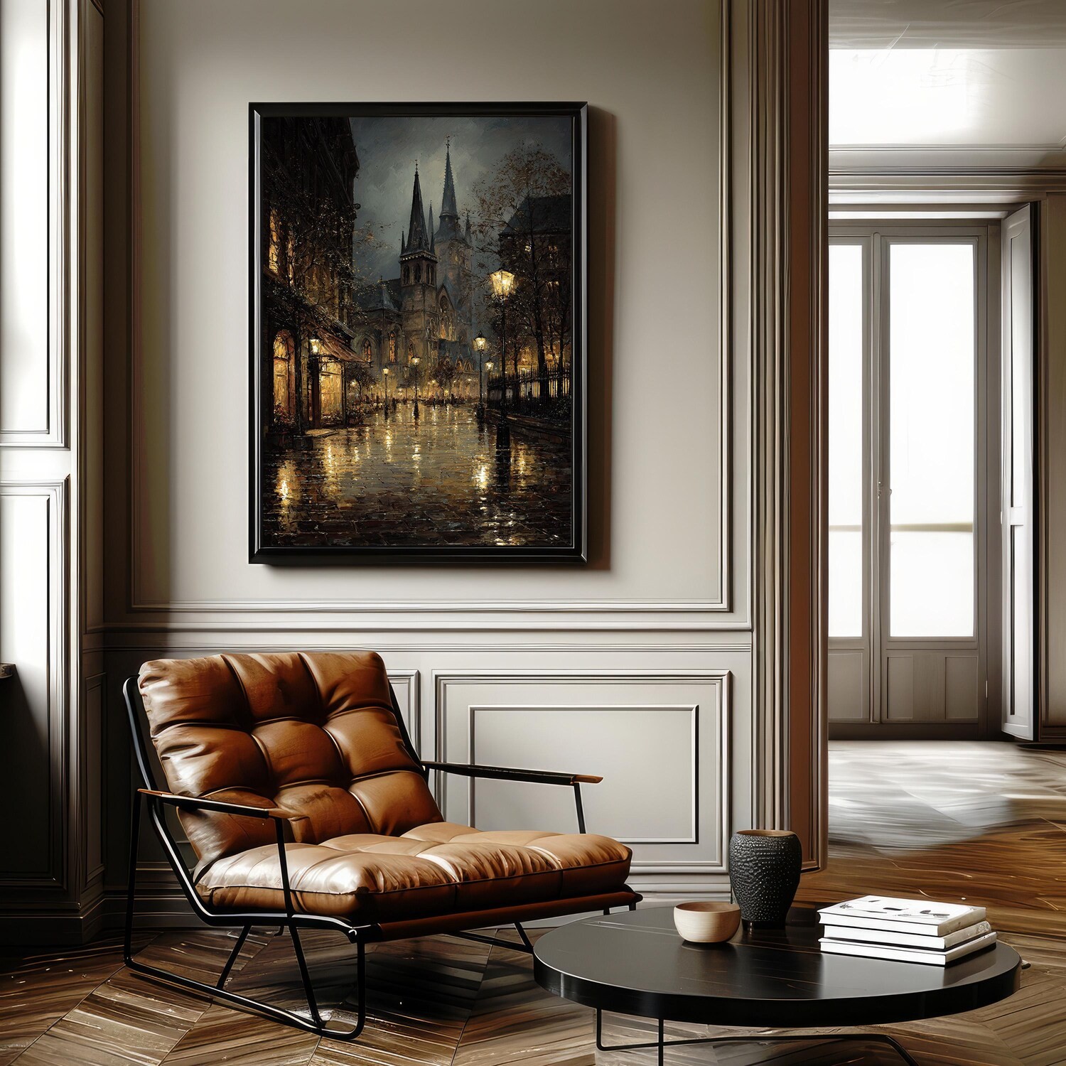 Gothic Cathedral Poster Victorian Rainy Street Moody Cityscape Wall Art
