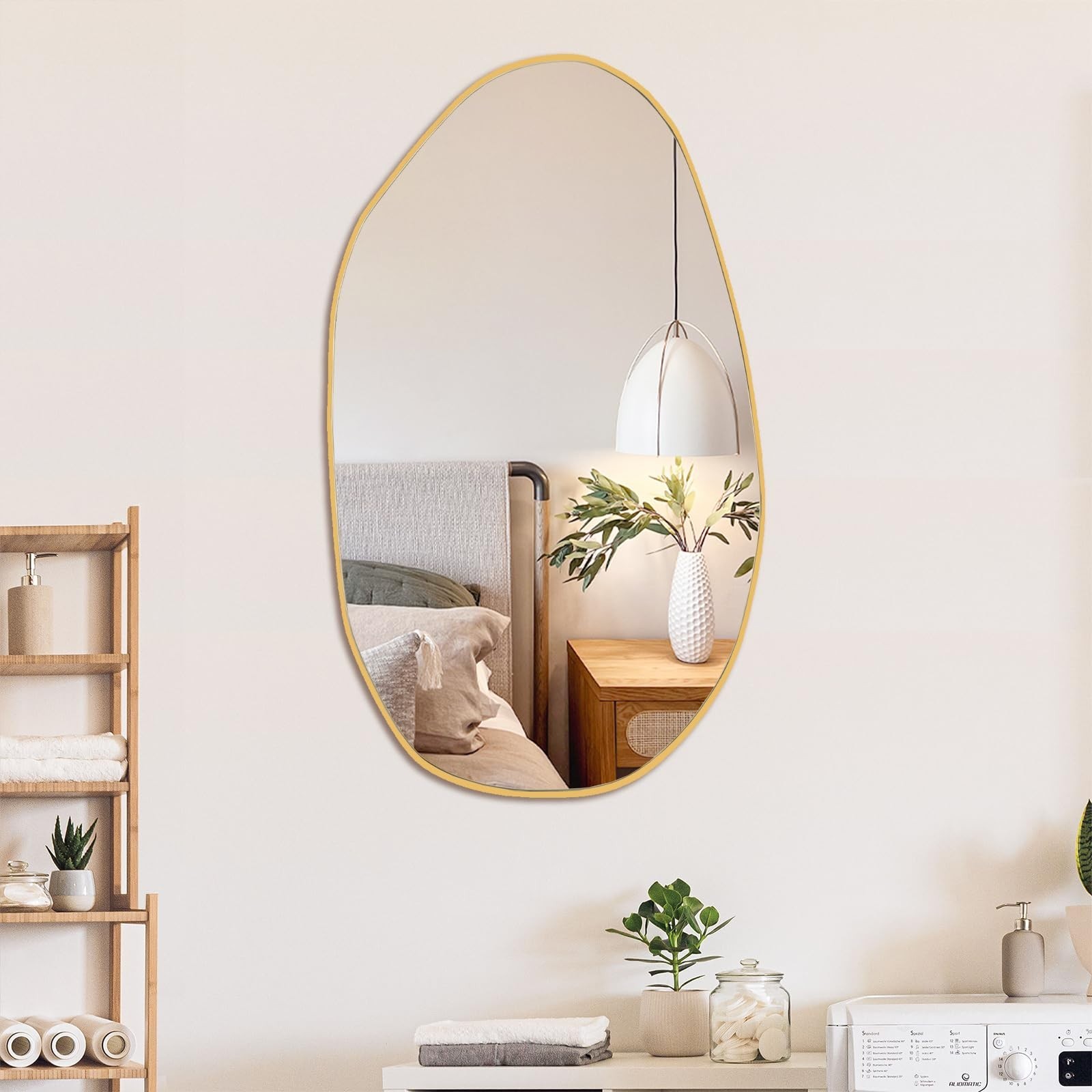 Asymmetrical Decorative Wall Mirror – Gold Wood Framed, 19.5″ x 33.5″, Bathroom,