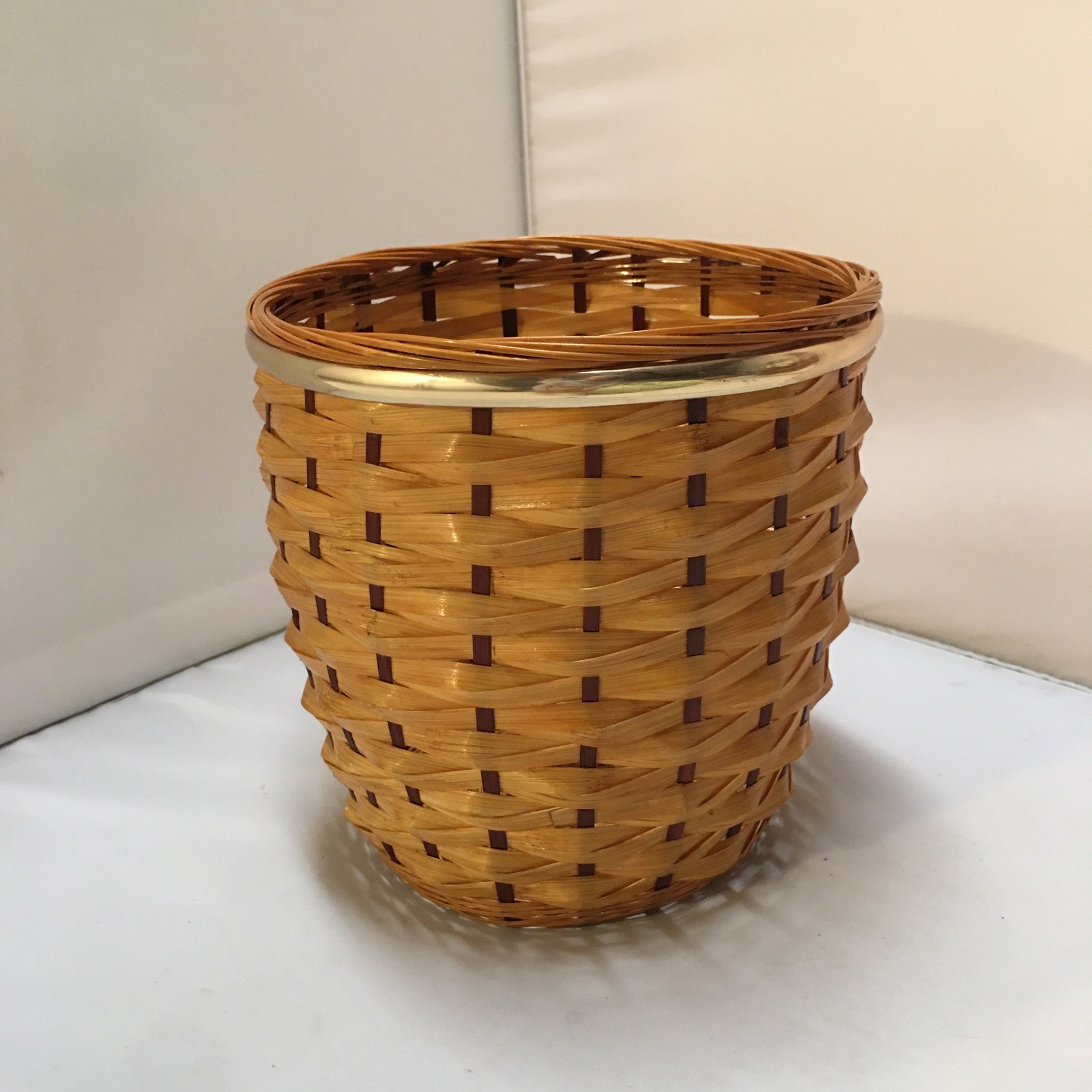 Woven Bamboo Basket Home Decor Medium Brown Gold Rim Boho Storage Waste Bin