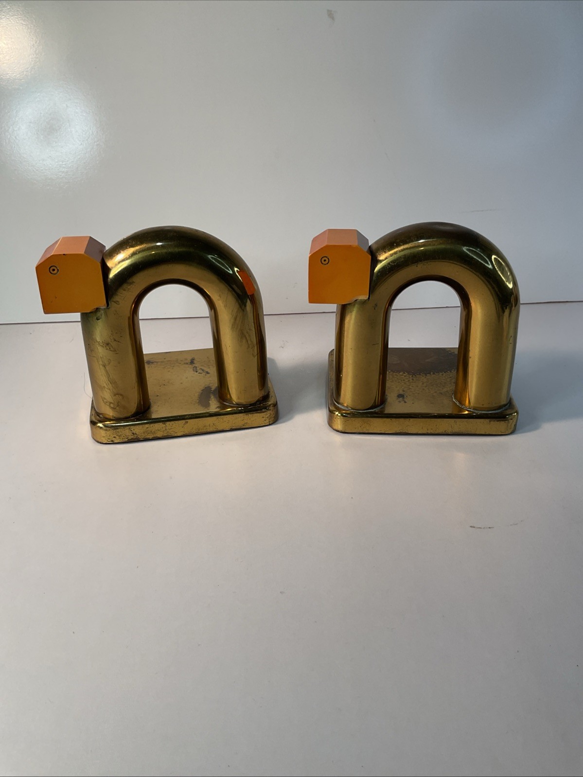 Chase Brass Elephant Bookends Walter Von Nessen Art Deco Gold Vintage Pair,READ