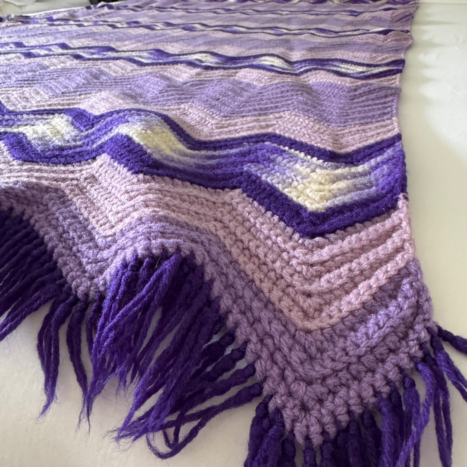 Vintage Handmade Crochet Purple Chevron Ripple Afghan Throw Blanket with Fringe