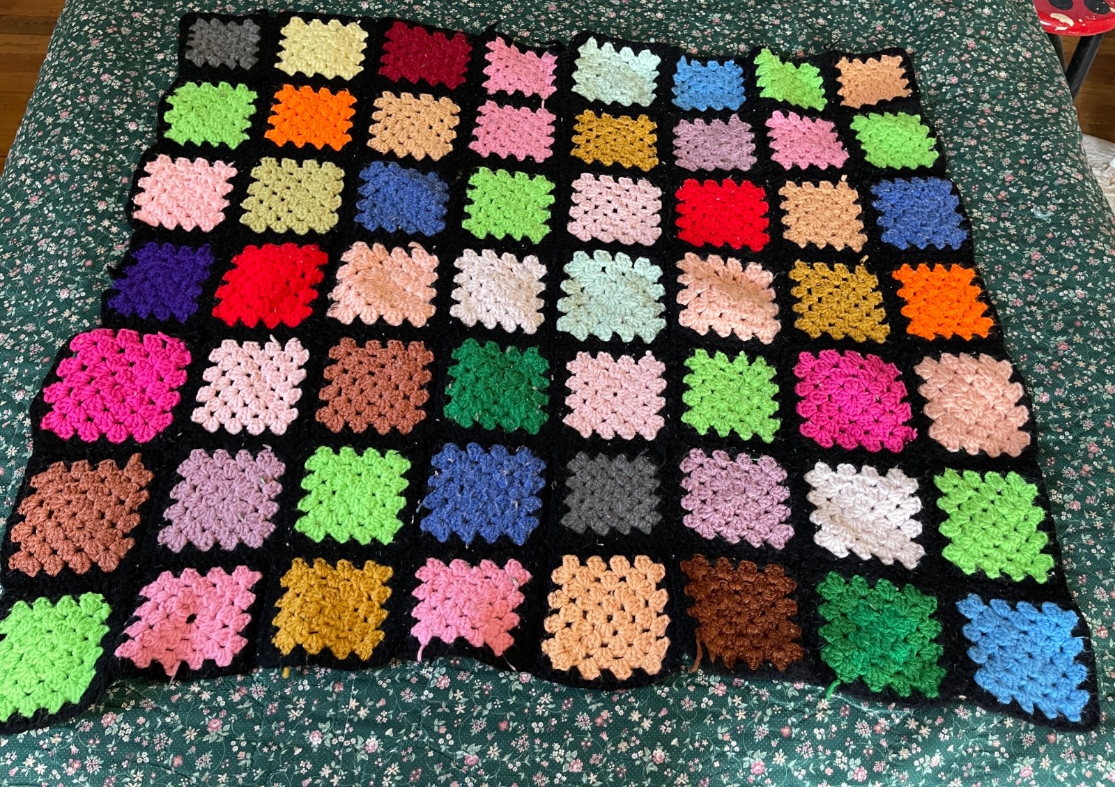 Granny Square Crocheted Throw Afghan Black Multicolor Small 29 x 34 Roseanne