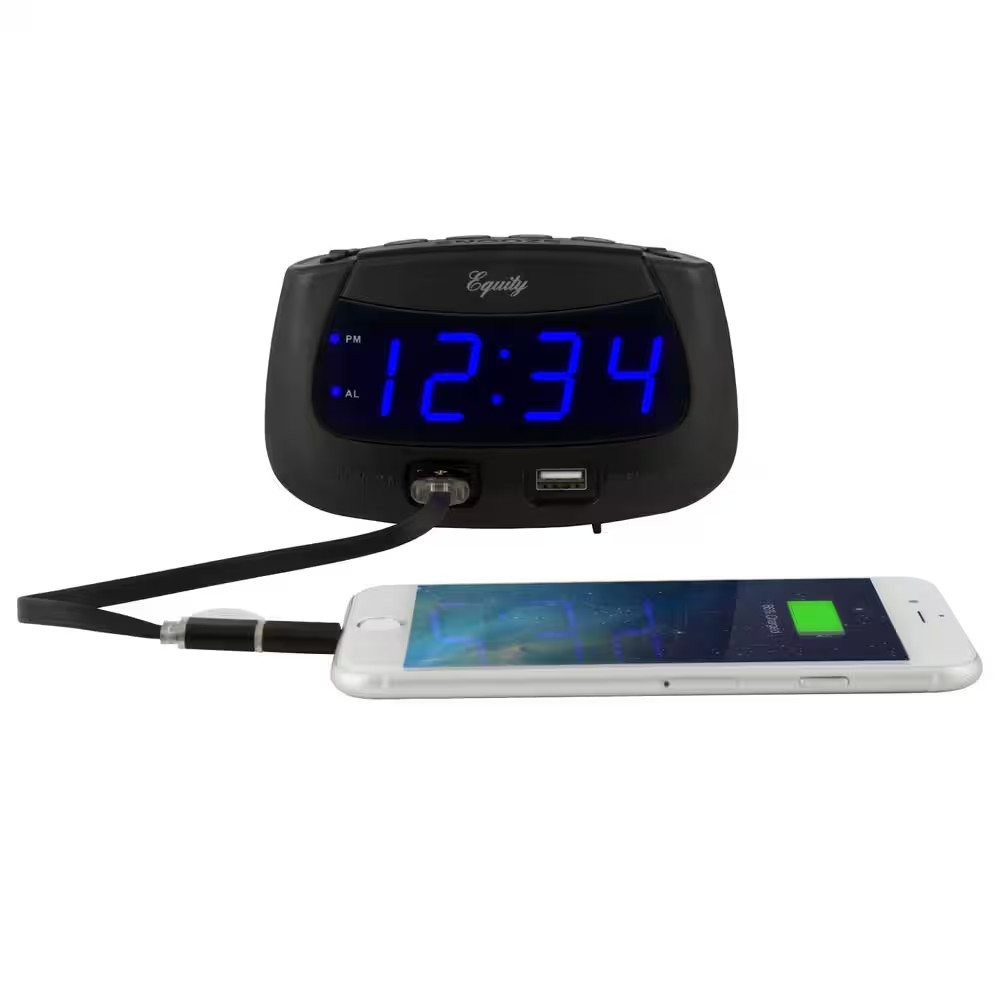 0.9 In. Blue LED Dual USB Digital Alarm Clock
