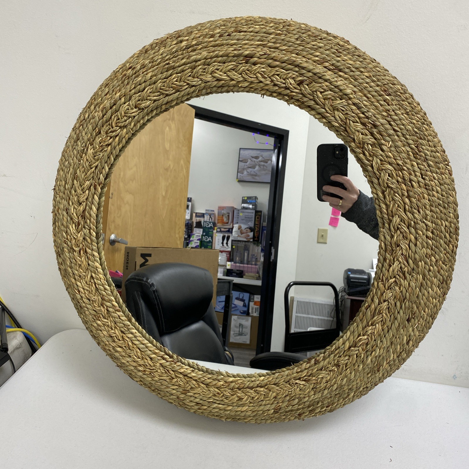Eden Home Round Coastal Hand-Woven Fabric Mirror in Natural Seagrass
