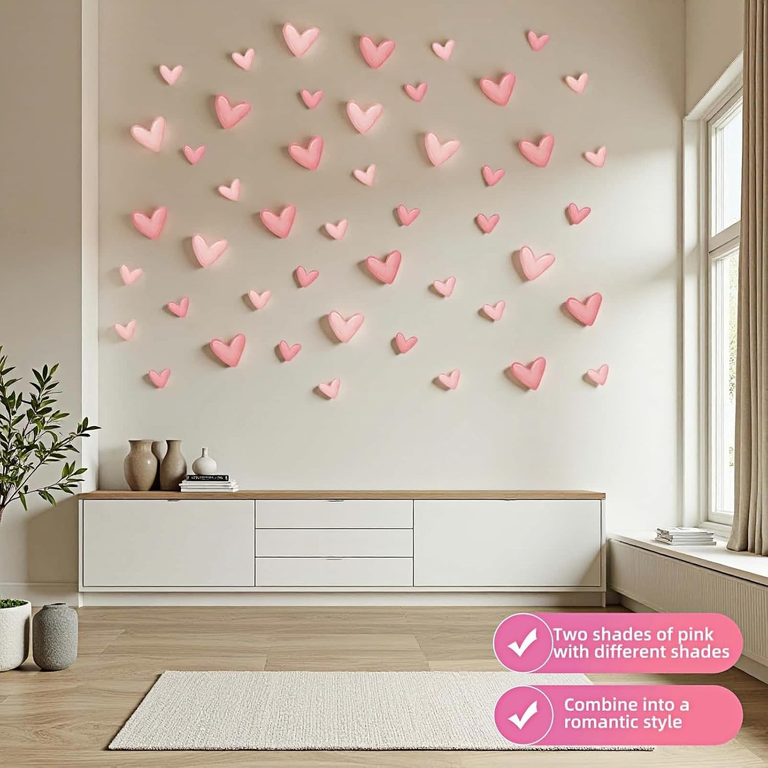 60 Pcs Pink Heart Wall Decals, Repositionable PVC Wall Decals for Girls Room, Nu