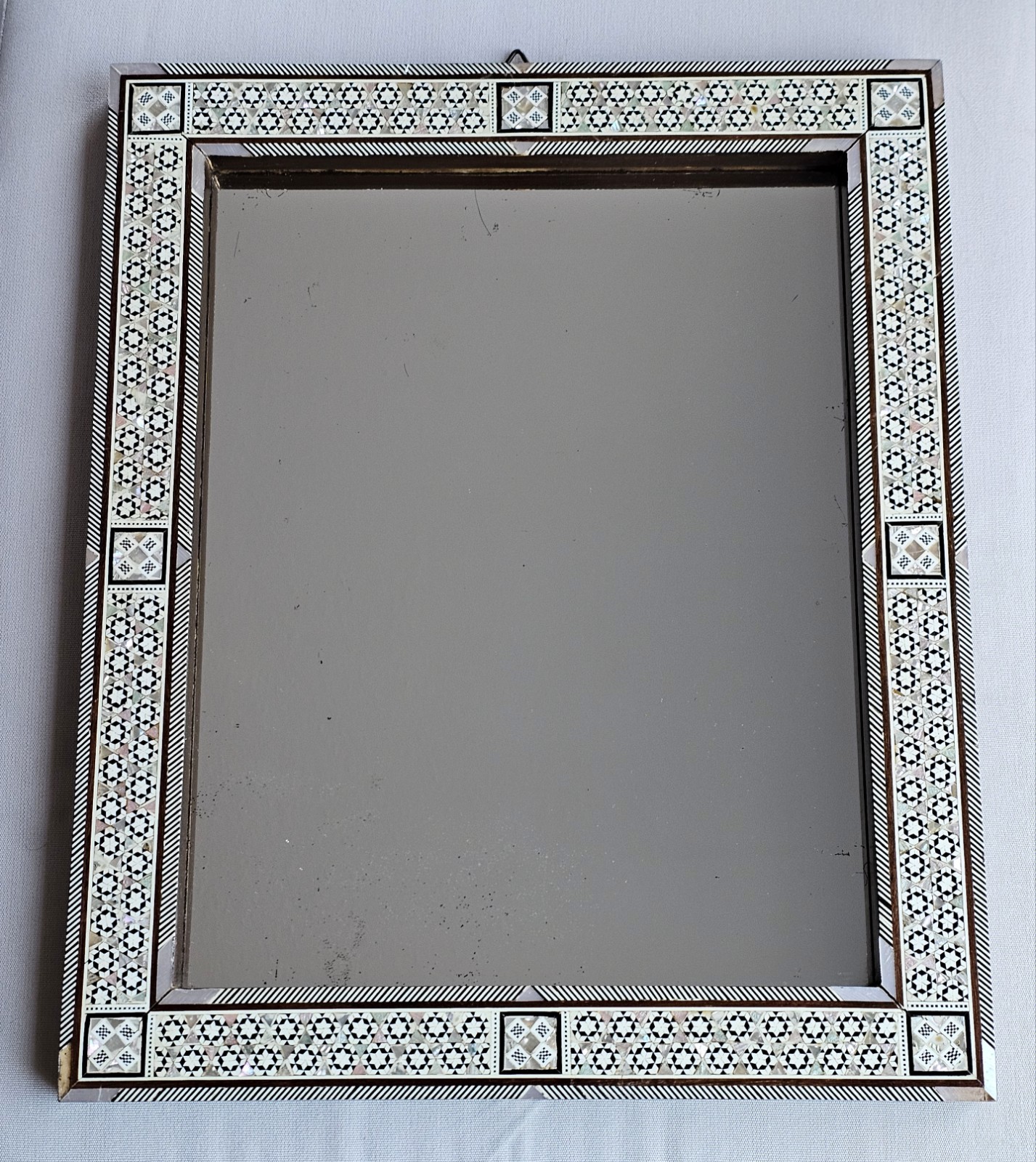 Vintage Egyptian MOTHER OF PEARL Mosaic Inlay MIRROR Handmade Arabesque, 13×16″