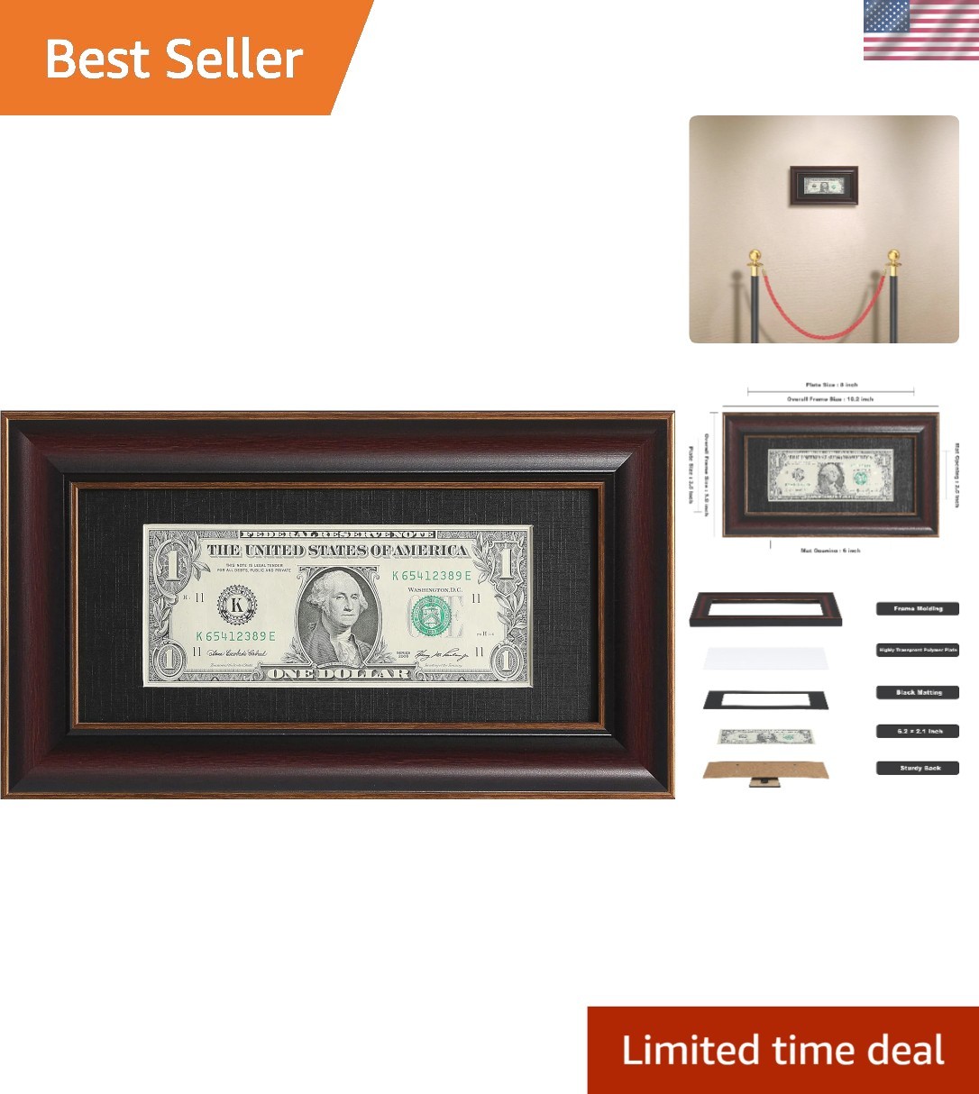 Paper Money Holder Dollar Bill Display Currency Frame, Easel Stand & Wall Hanger