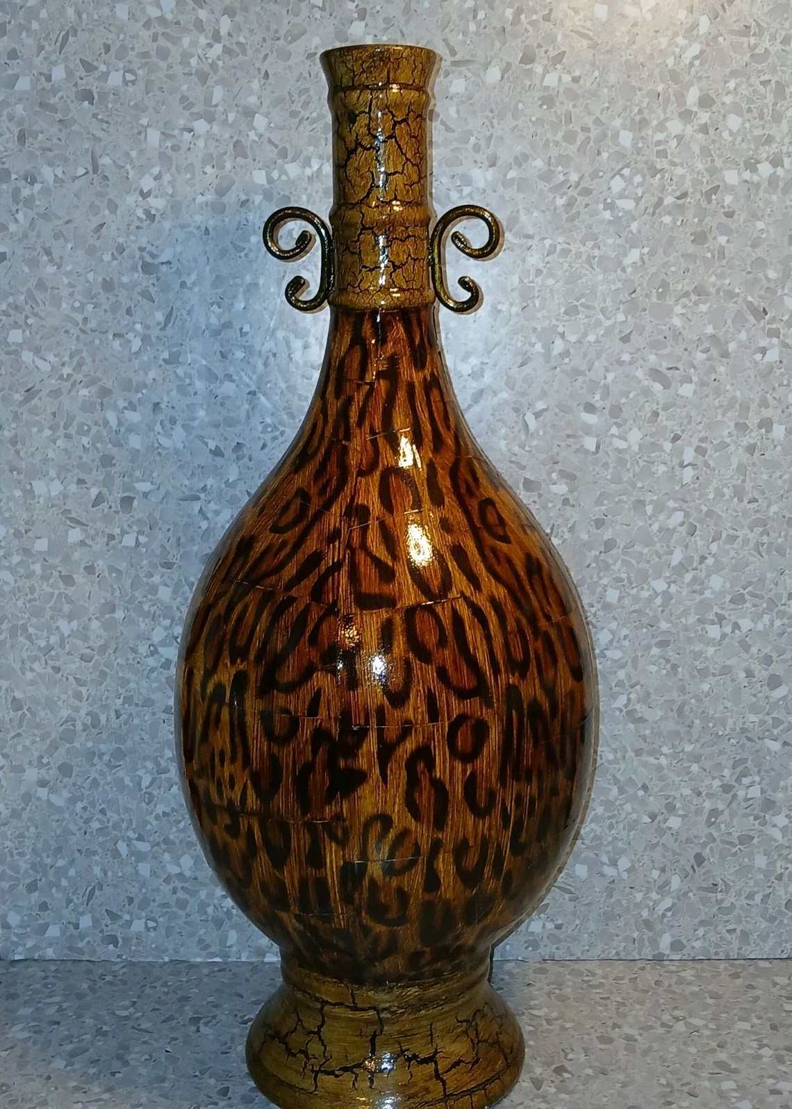 Leopard Print Safari Tall Vase With Mettal Scroll 18-inch Tall 8 Inch Wide