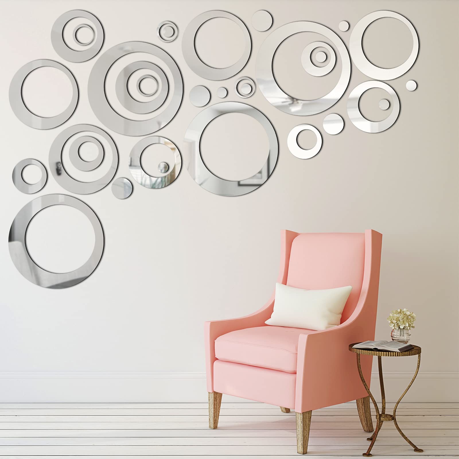 32 Pieces Removable Circle Wall Mirror Sticker Round Decal Acrylic Silver