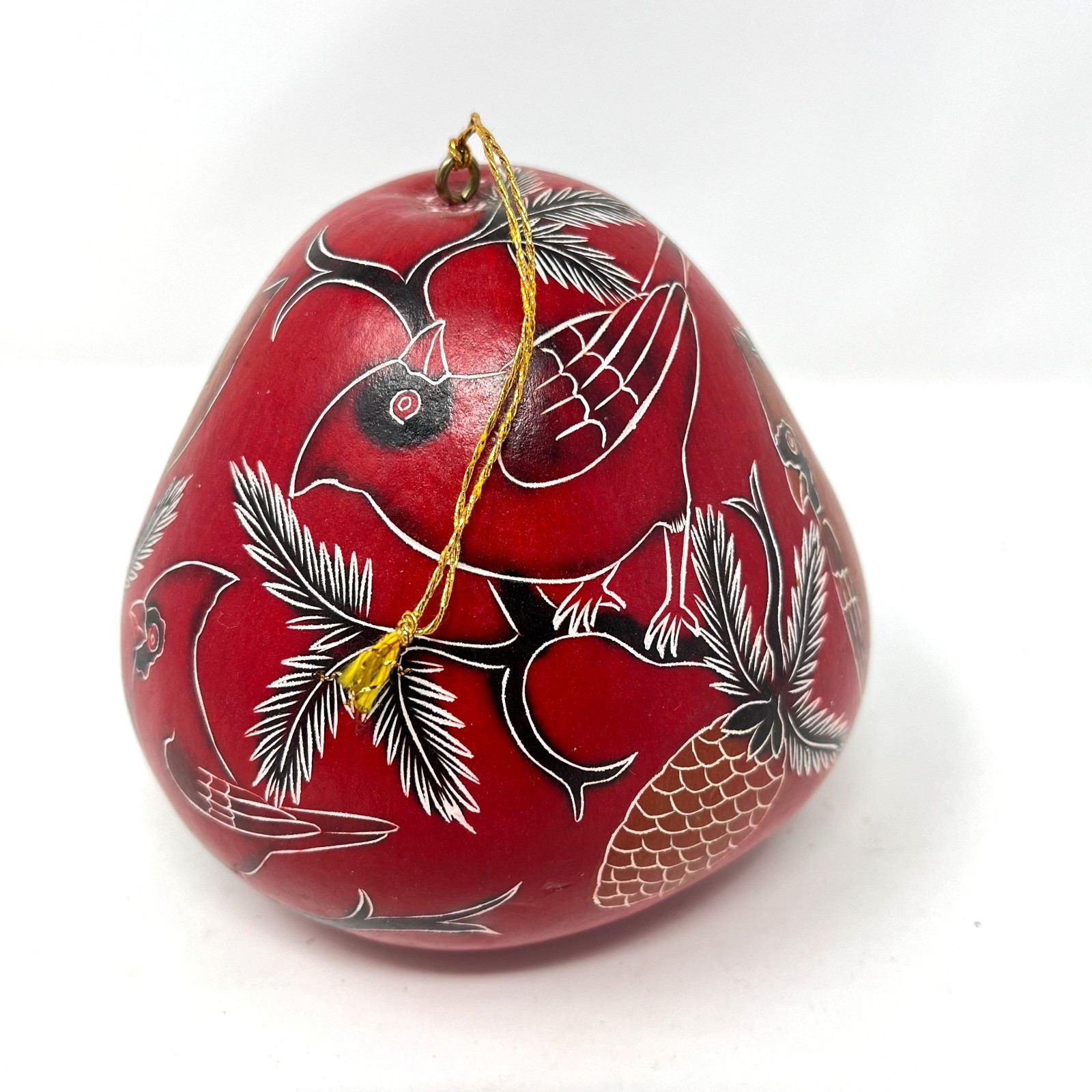 Carved & Etched Lucuma Hanging Gourd Cardinals Birds, Branches, Pinecones Peru