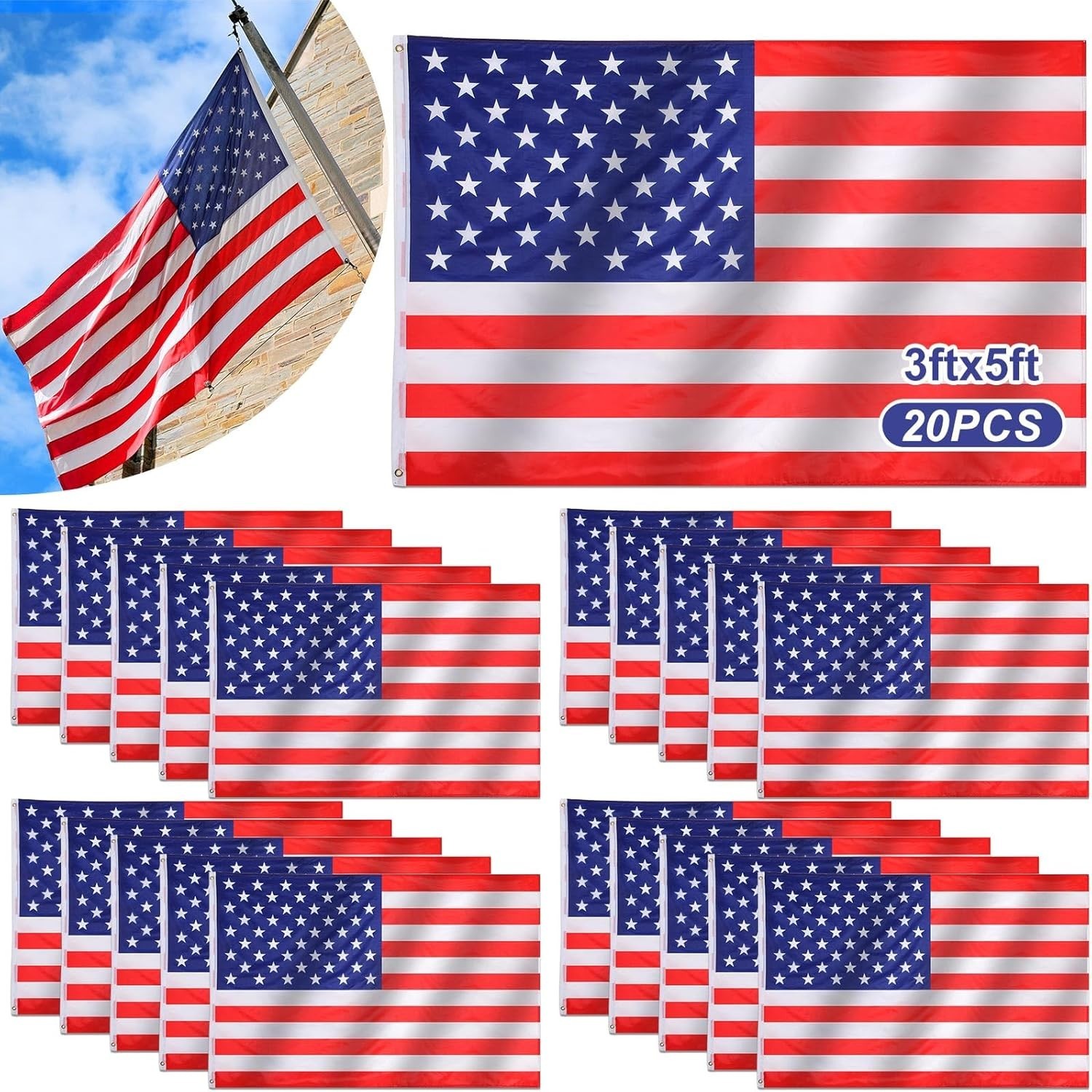 20 Pieces 3X5 Ft American Flags Bulk for 250Th Anniversary Waterproof Polyester