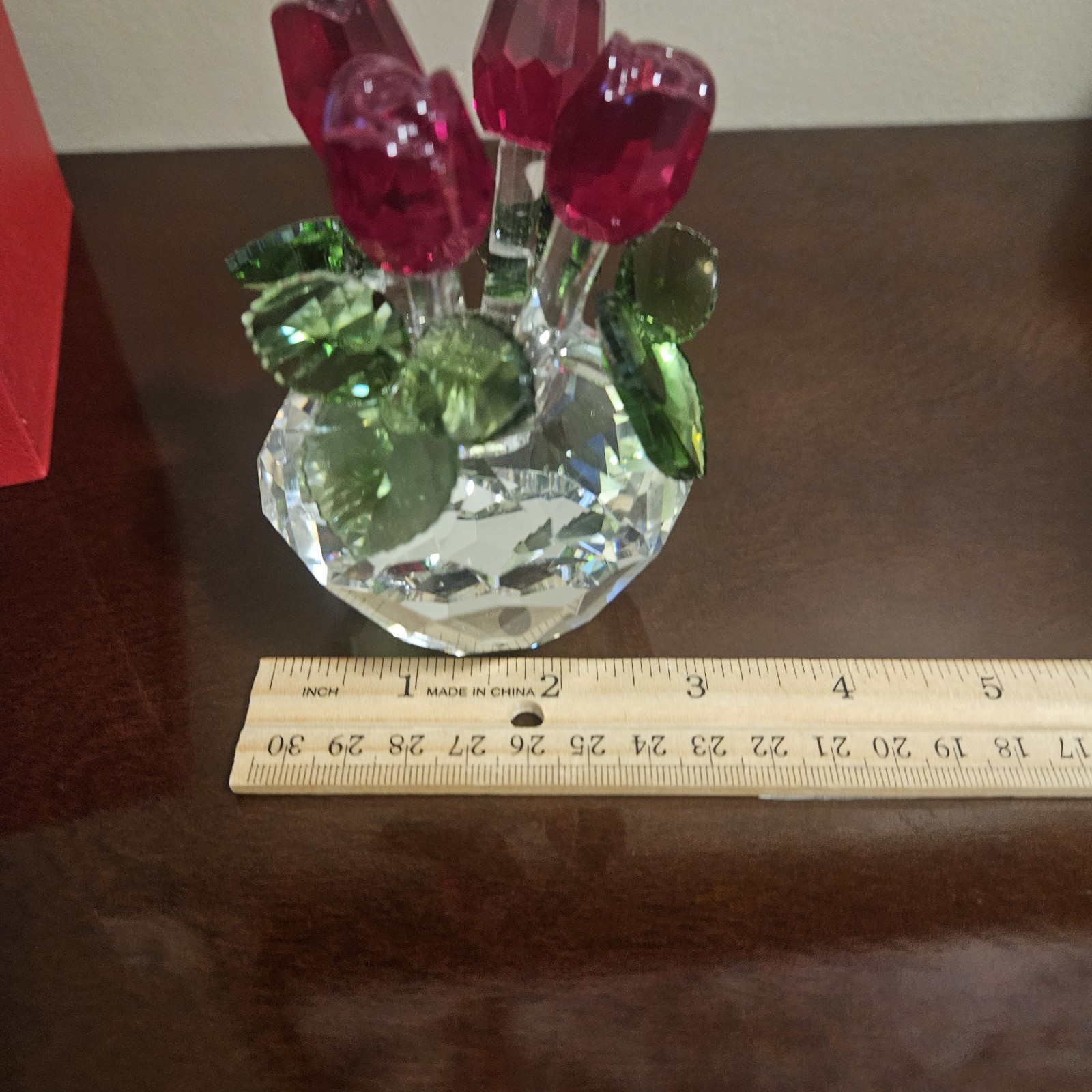 Crystal Red Rose Boquet Figurine H&D Hyaline Dora Free Standing In Box