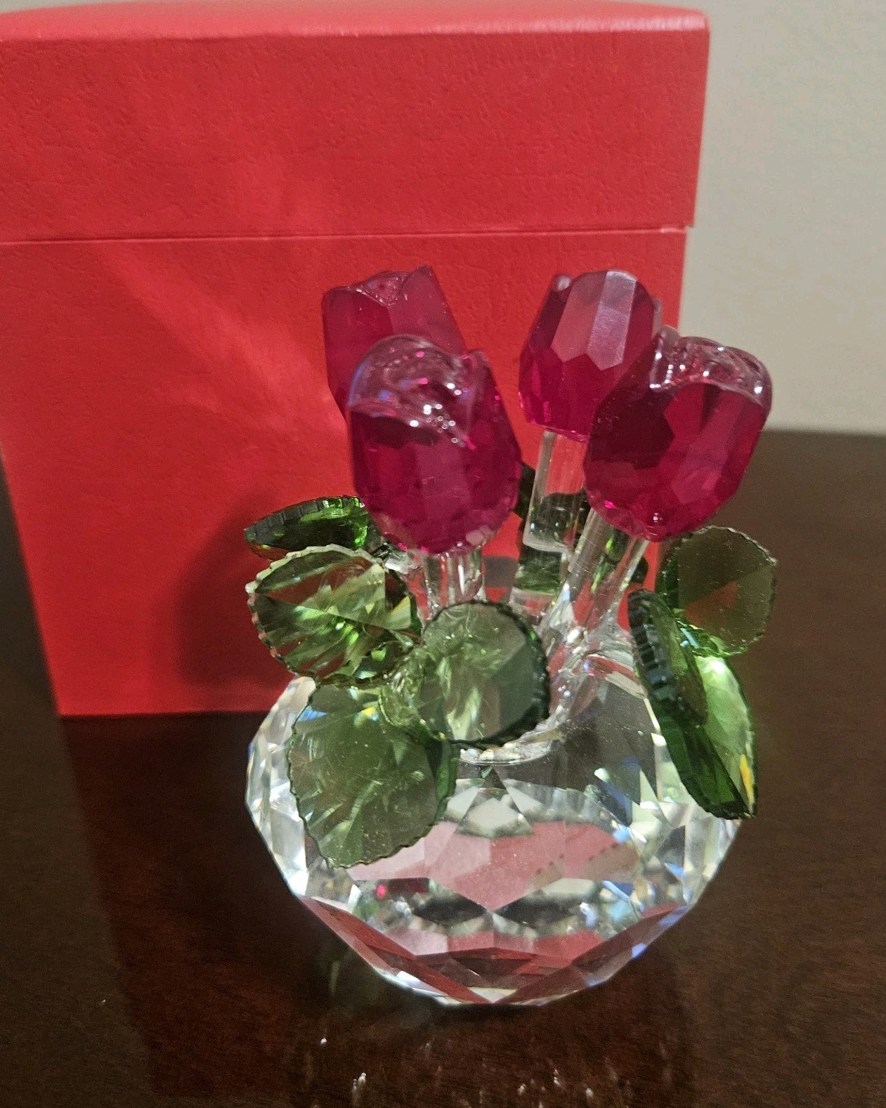 Crystal Red Rose Boquet Figurine H&D Hyaline Dora Free Standing In Box