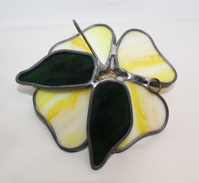 Vintage Leaded Stained Glass SunCatcher Yellow Daisy Flower w/ Butterfly