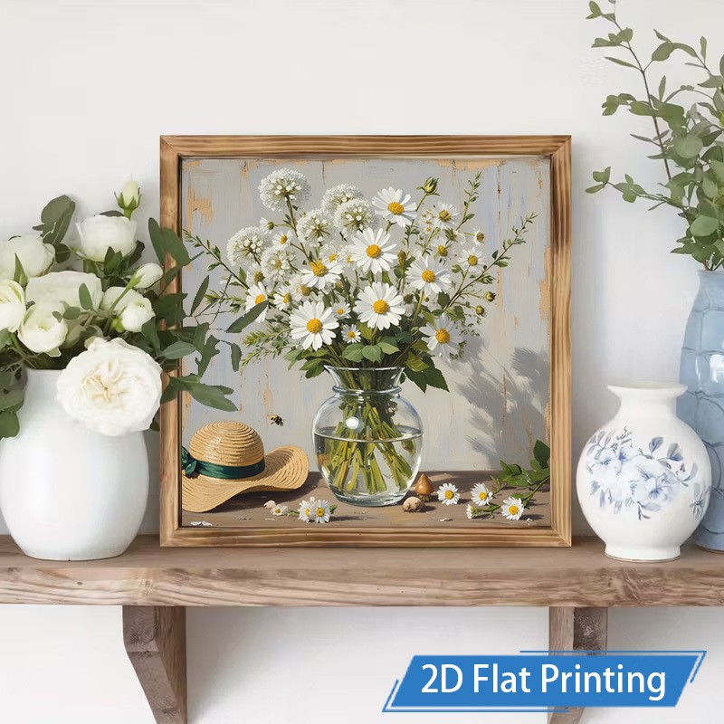 Rustic Textured White Daisy Flower Vase Bee Art Wooden Sign Living Room Wall