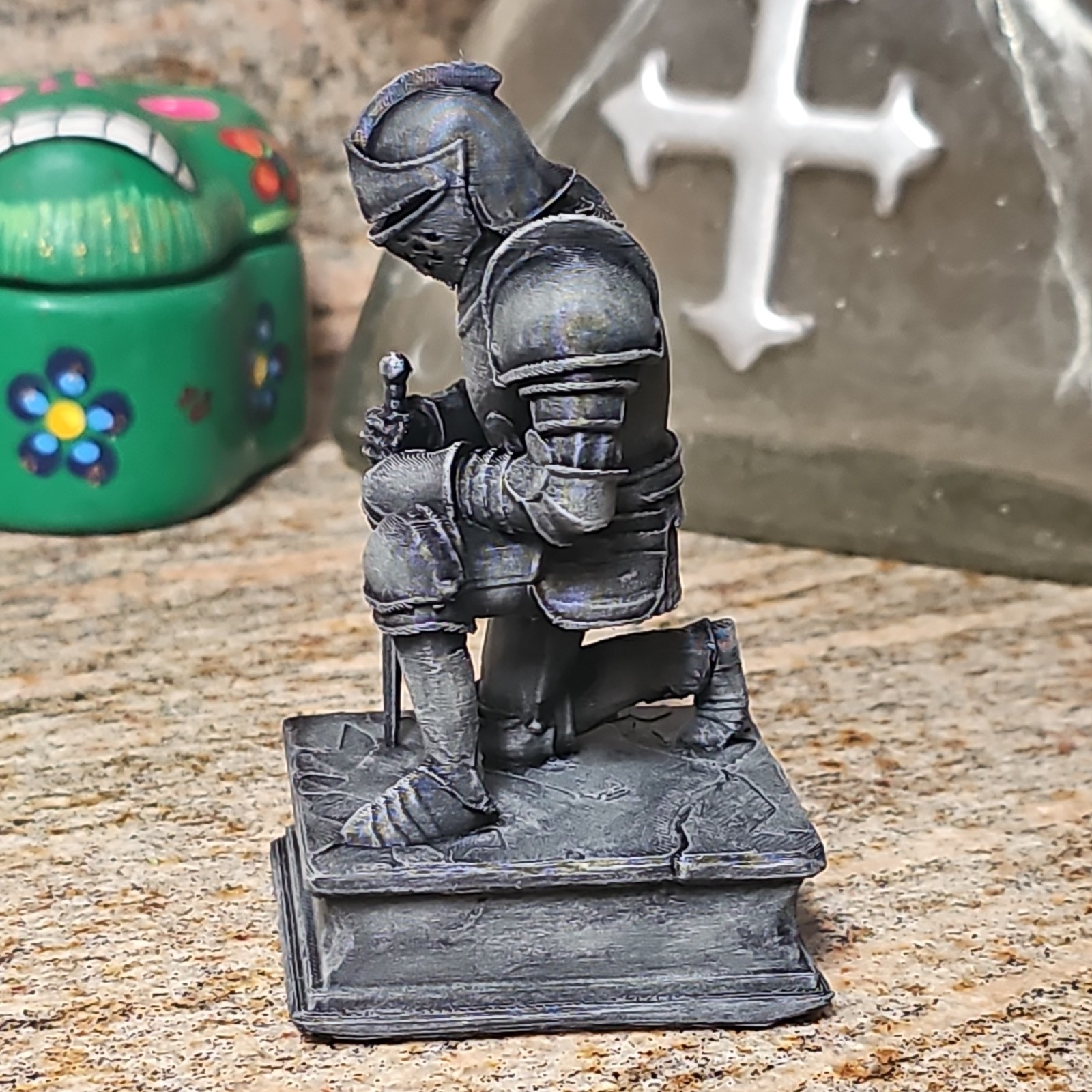 Gray Medieval Knight Kneeling Figurine Statue Holding Sword, Free Standing