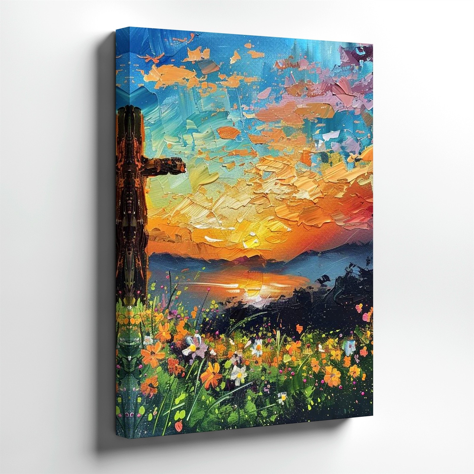 Wall Art Cross Sunset Landscape Canvas Print Colorful Floral Christian Decor