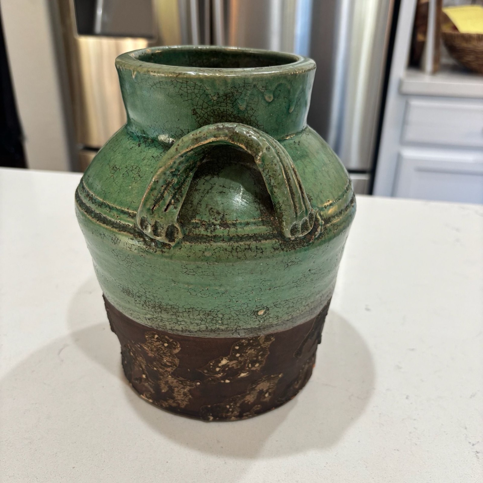 Rustic Two-Tone Green and Brown Glazed Terracotta Vase with Handles 8.5 Inches T