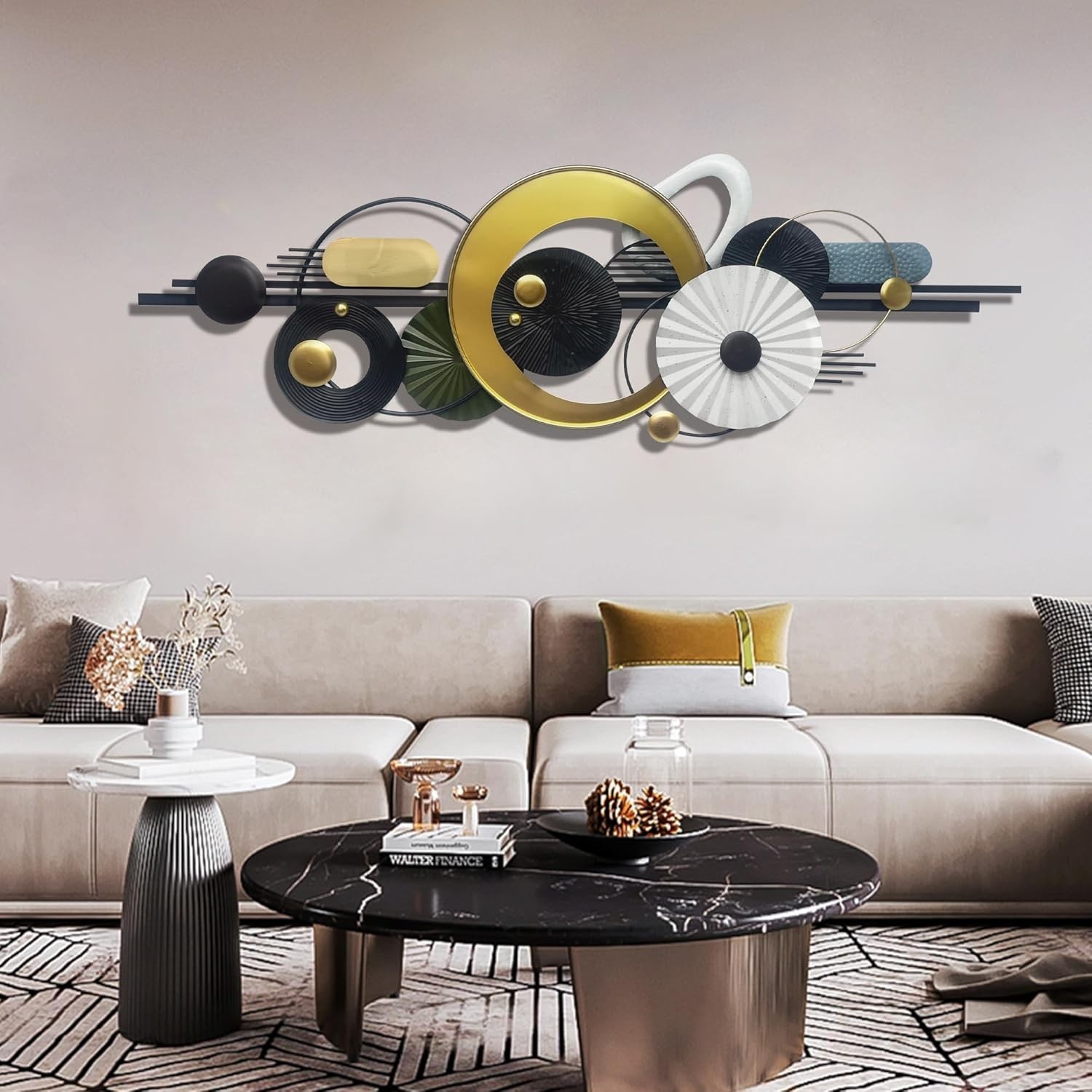 Metal Wall Decor 59×20 In – Elegant Black, Gold Abstract Geometric Design