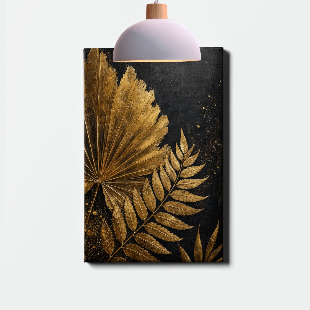 Black and Gold Abstract Canvas Art Botanical Leaf Design